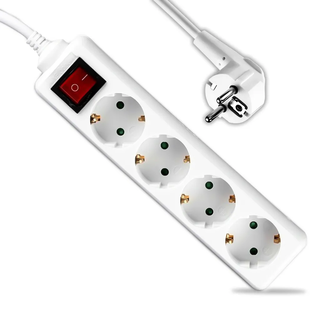 Multipresa con Cavo 1,5m e 4x Prese Schuko 16A, Spina 16A e Interruttore Colore Bianco, vista angolata generale