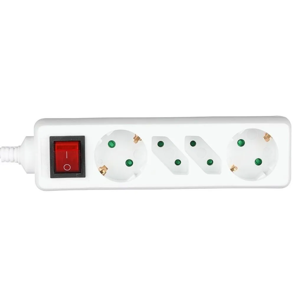 Multipresa con Cavo 1,5m e 4x Prese 10/16A (2x Eu Plug + 2x Schuko), Spina 16A e Interruttore Colore Bianco, vista frontale