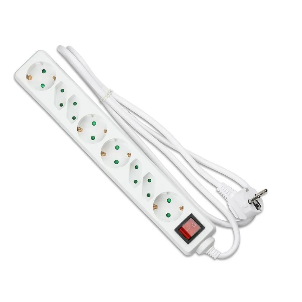 Multipresa con Cavo 1,5m e 8x Prese 10/16A (4x Eu Plug + 4x Schuko), Spina 16A e Interruttore Colore Bianco, vista angolata completa
