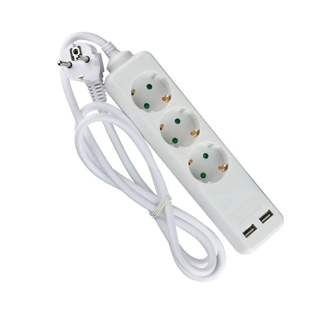 Multipresa con Cavo 15m e 3x Prese Schuko 10-16A 2x Prese USB-A Spina 16A Colore Bianco, vista generale dall'alto