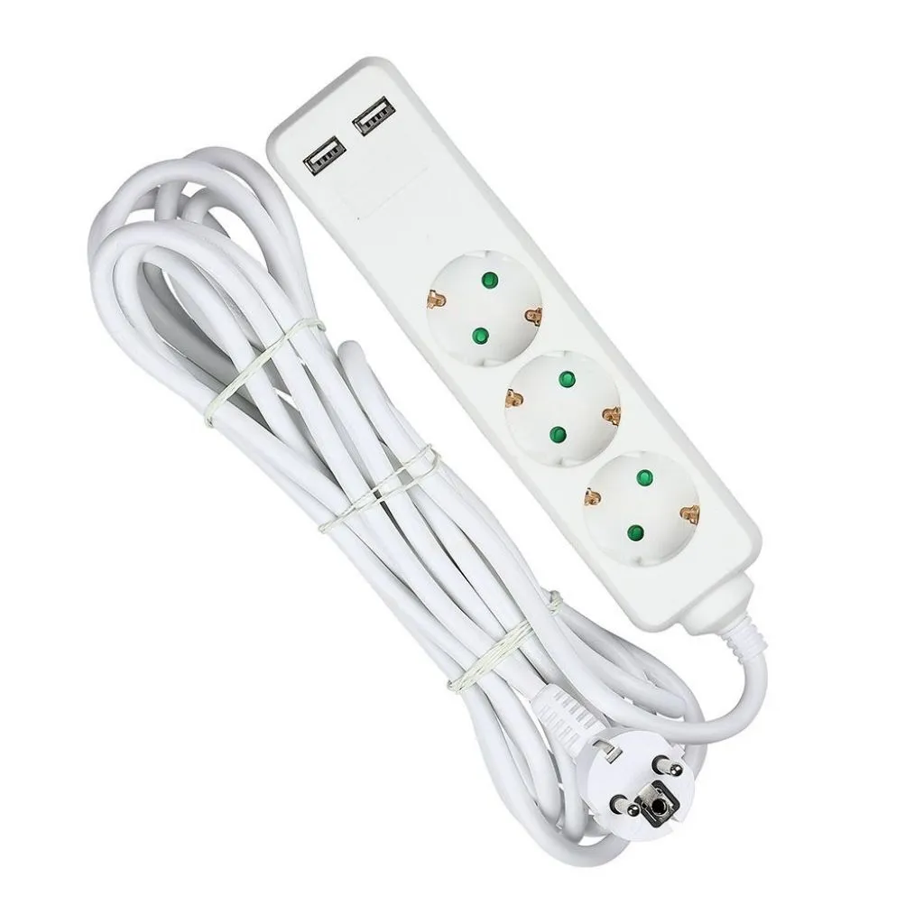 Multipresa con Cavo 5m e 3x Prese Schuko 16A 2x Prese USB-A Spina 16A Colore Bianco, vista dall'alto