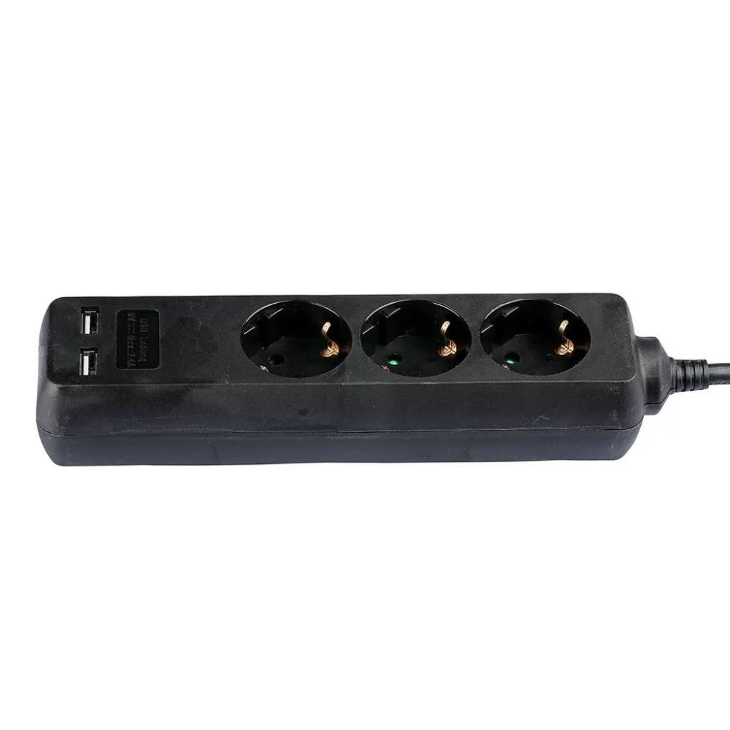 Multipresa con Cavo 15m e 3x Prese Schuko 10-16A 2x Prese USB-A Spina 16A Colore Nero, vista dall'alto