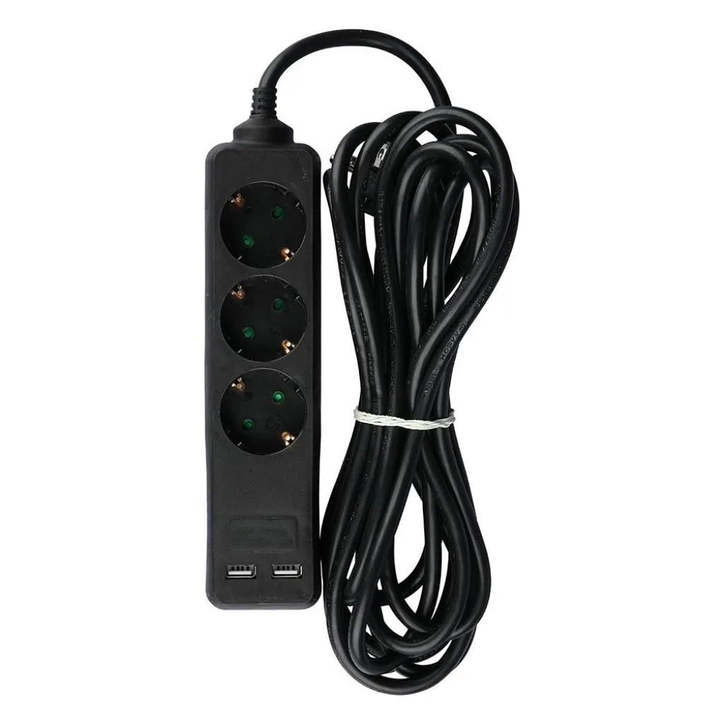 Multipresa con Cavo 5m e 3x Prese Schuko 16A 2x Prese USB-A Spina 16A Colore Nero, vista generale dall'alto