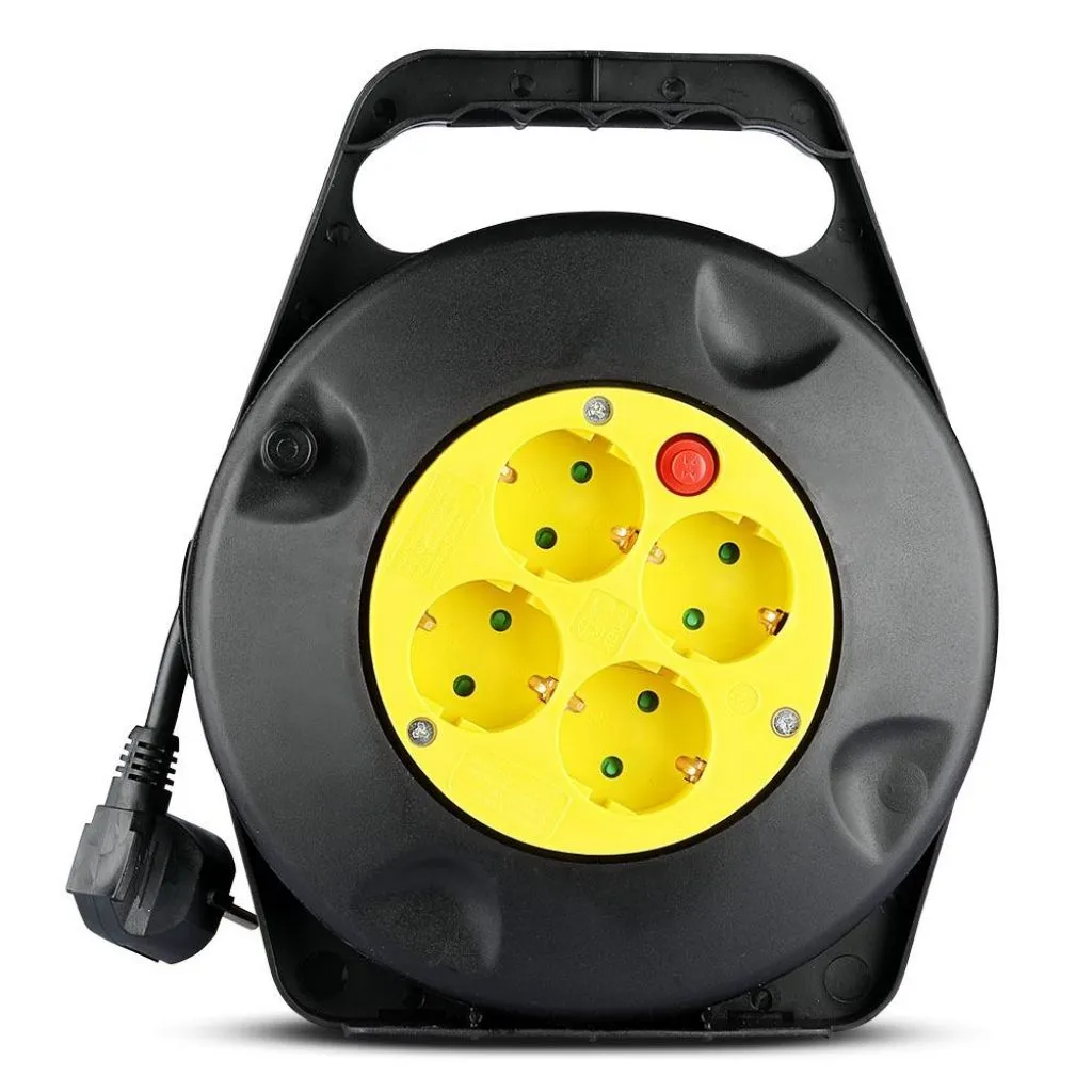 Prolunga Avvolgicavo 10m con 4x Prese Schuko 16A, Spina Schuko 16A e Protezione Termica Colore Nero/Giallo, vista frontale