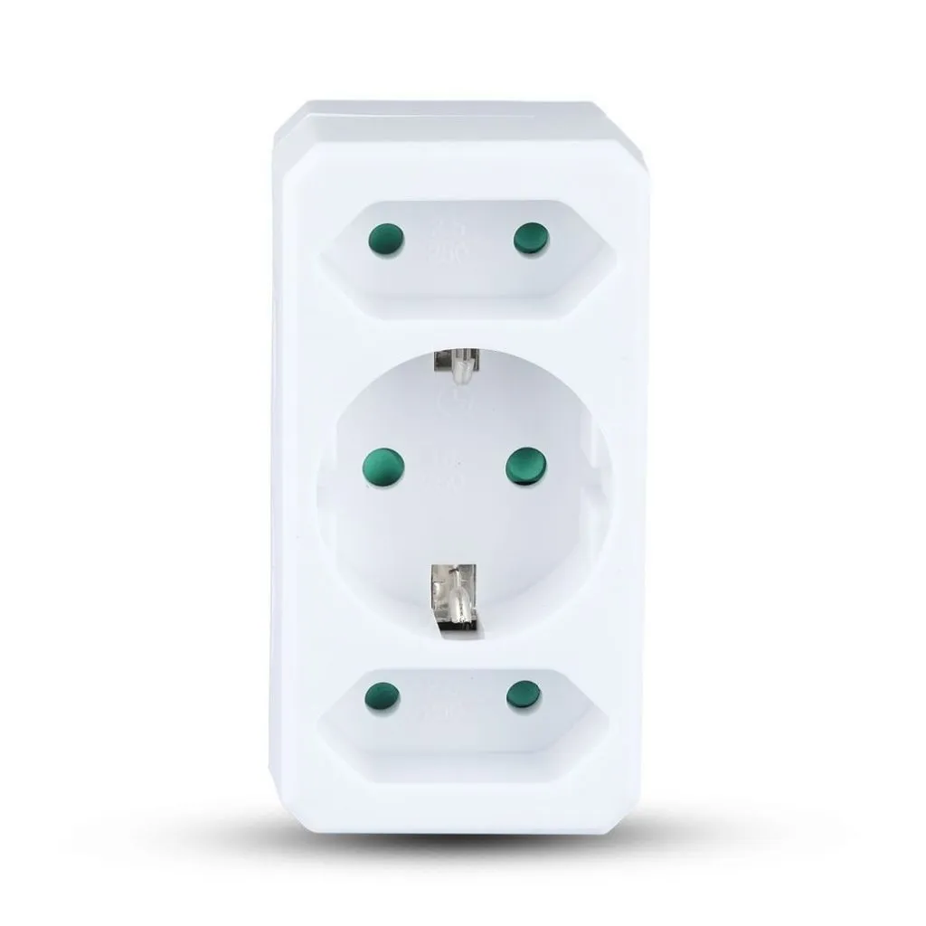 Adattatore Multipresa con 2x Prese EU Plug 2.5A, 1x Presa Schuko 16A, Spina Schuko 16A Colore Bianco, vista frontale