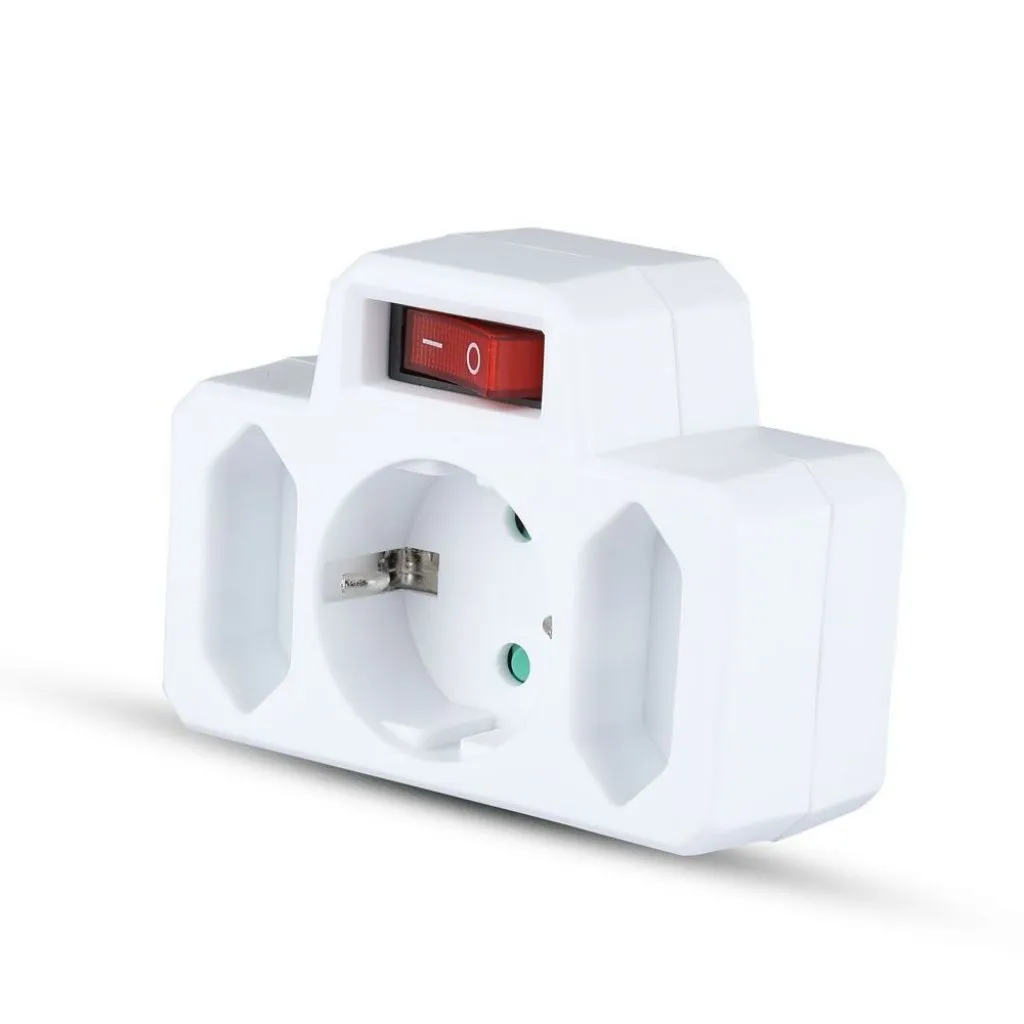 Adattatore Multipresa con 2x Prese EU Plug 10A, 1x Presa Schuko 16A, Spina Schuko 16A e Interruttore Colore Bianco, vista angolata frontale