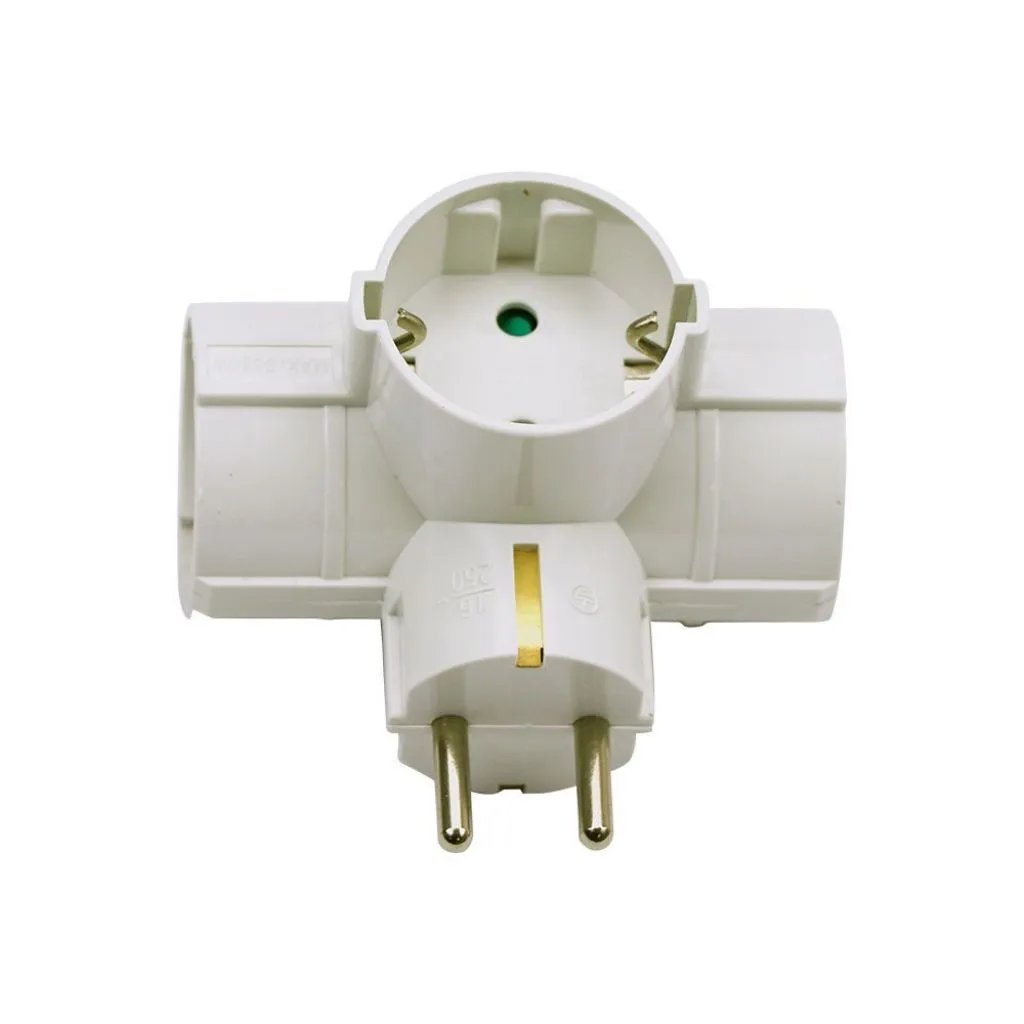 Adattatore Multipresa con 3x Prese Schuko 10/16A, Spina Schuko 16A Colore Bianco, vista frontale