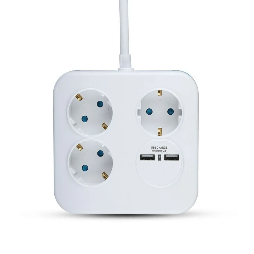 Multipresa Quadra con Cavo 14m e 3x Prese Schuko 10-16A 2x Prese USB-A Spina 16A Colore Bianco, vista frontale