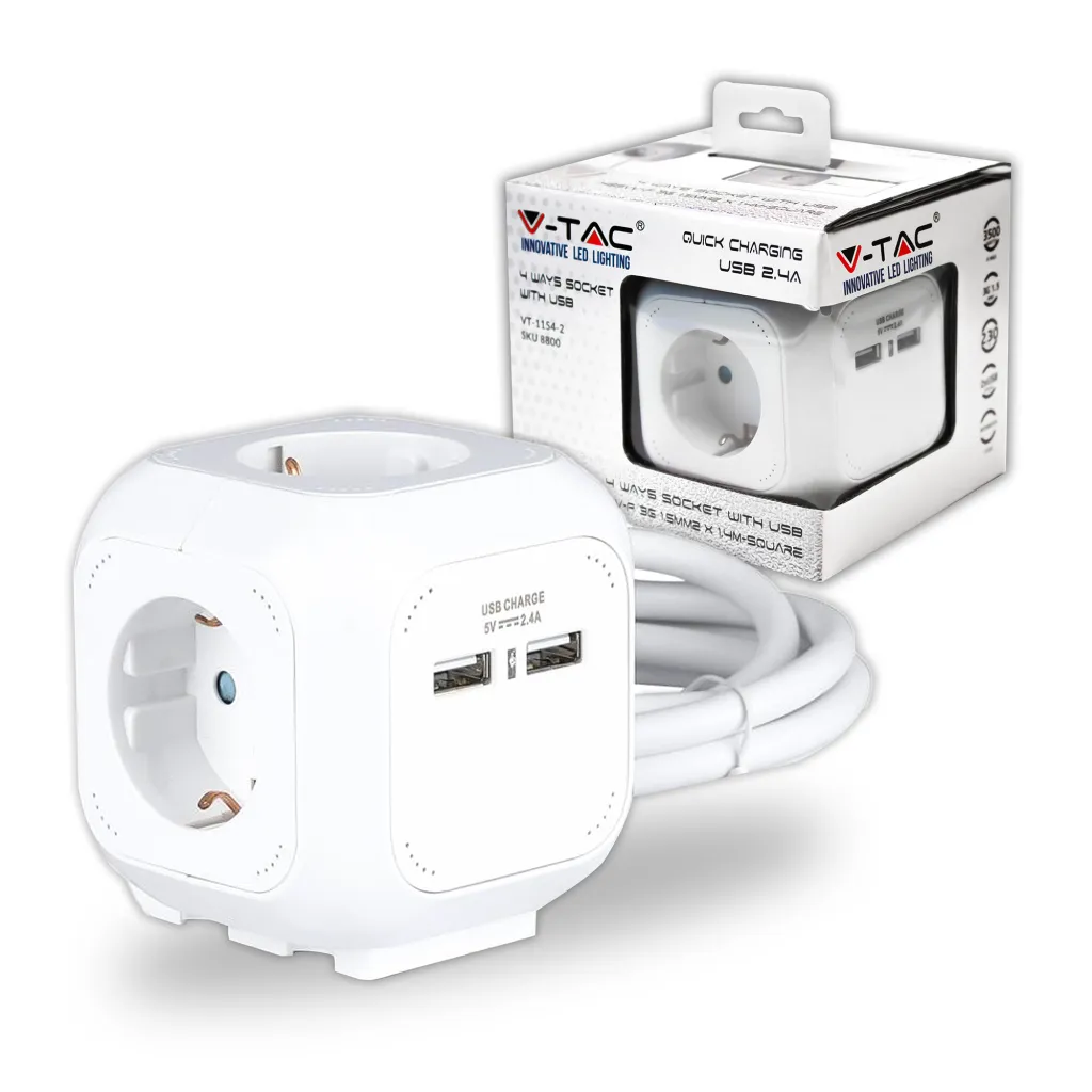 Multipresa Cubica con Cavo 14m e 4x Prese Schuko 10-16A 2x Prese USB-A Spina 16A Colore Bianco, vista angolata con scatola