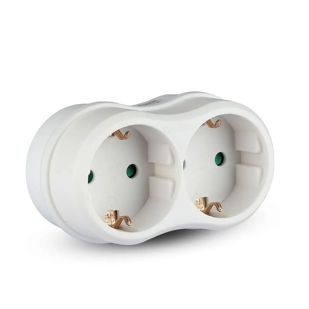 Adattatore Multipresa con 2x Prese Schuko 10/16, Spina Schuko 16A Colore Bianco, vista angolata