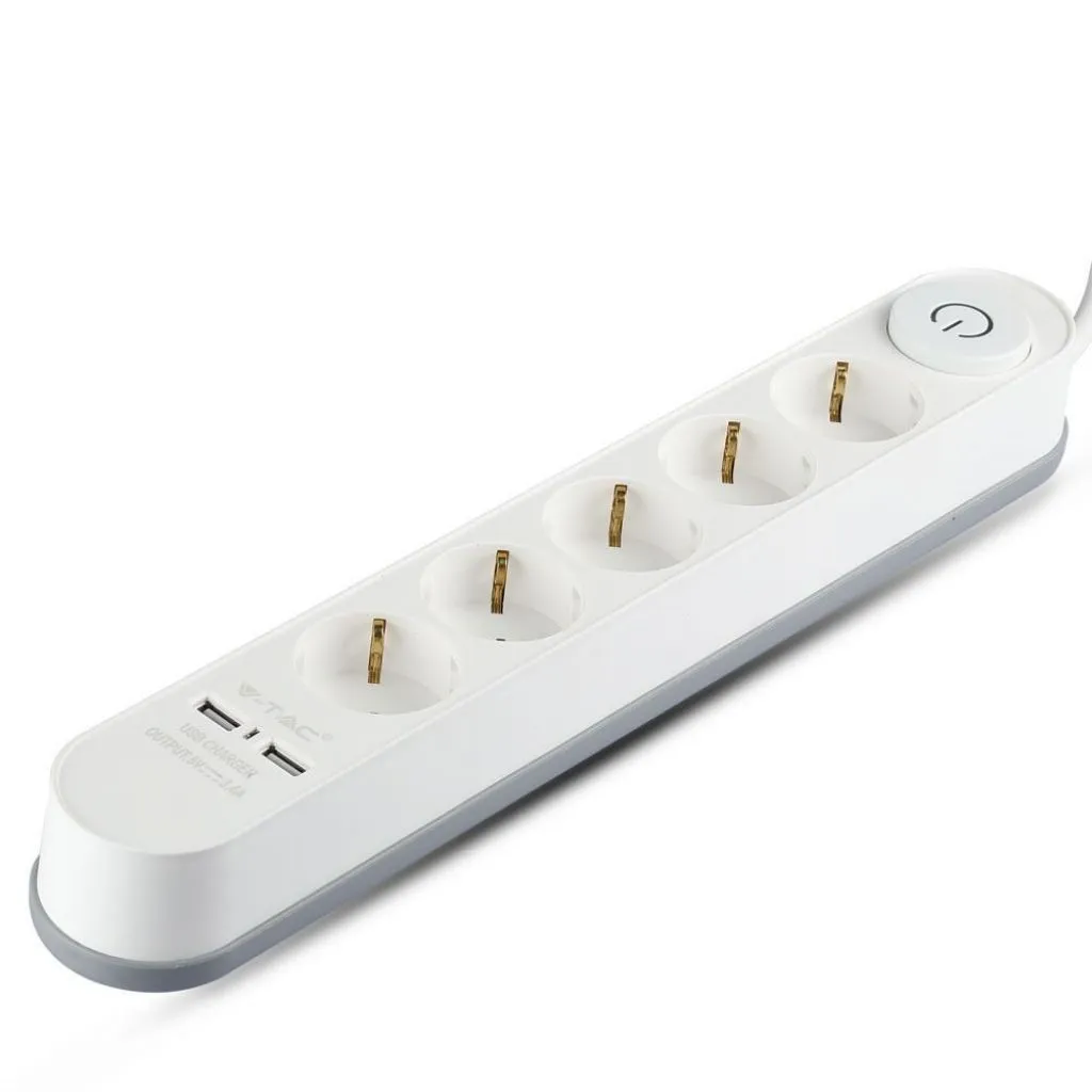 Multipresa con Cavo 3m e 5x Prese Schuko 16A 2x Prese USB-A Spina 16A e Interruttore Colore Bianco, vista angolata superiore