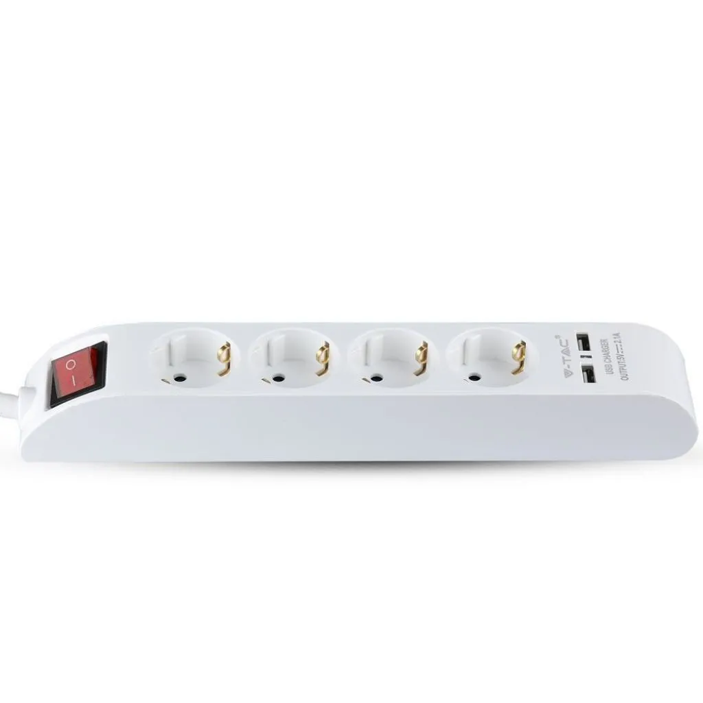 Multipresa con Cavo 14m e 4x Prese Schuko 16A 2x Prese USB-A Spina 16A e Interruttore Colore Bianco, vista angolata