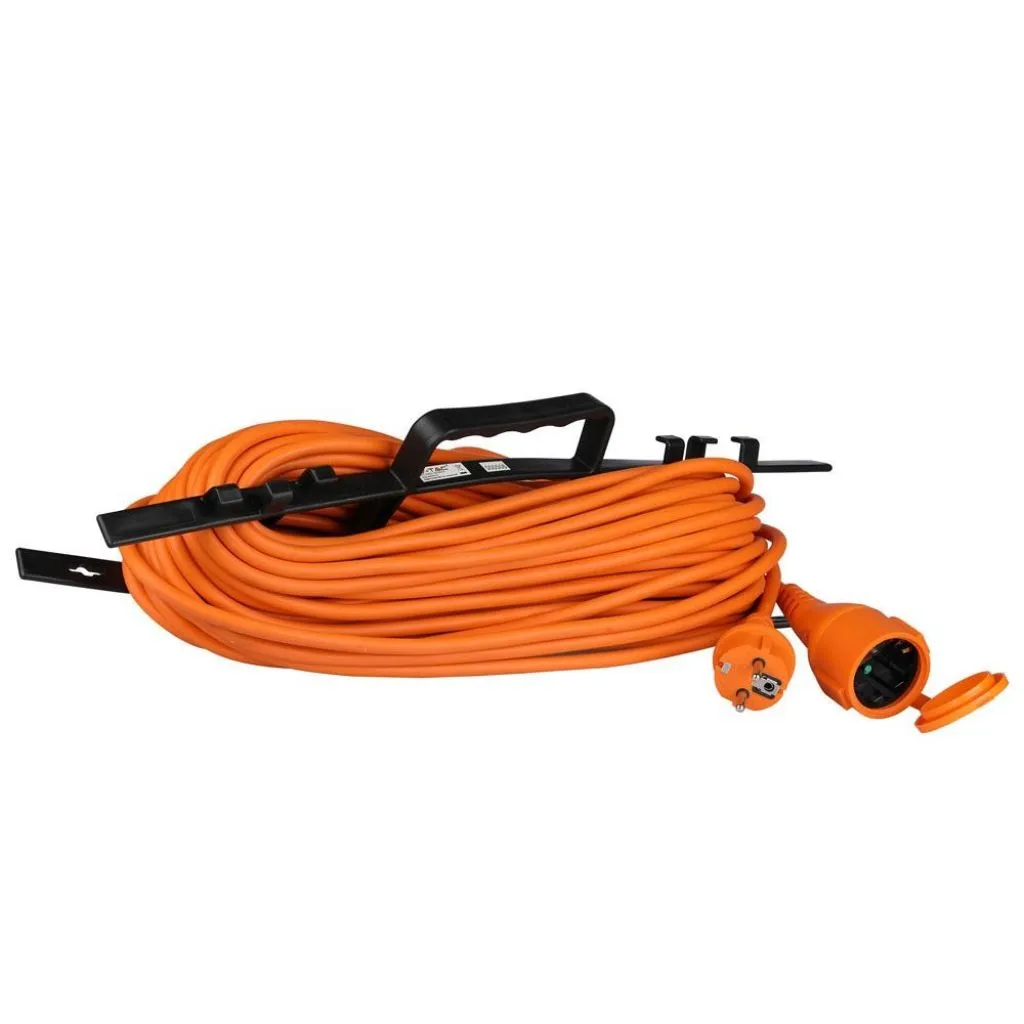 Prolunga da Esterno Cavo 3G 1.5mm x 30m 16A, Spina e Presa Schuko con Telaio Porta Cavo Colore Arancio/Nero, vista angolata generale