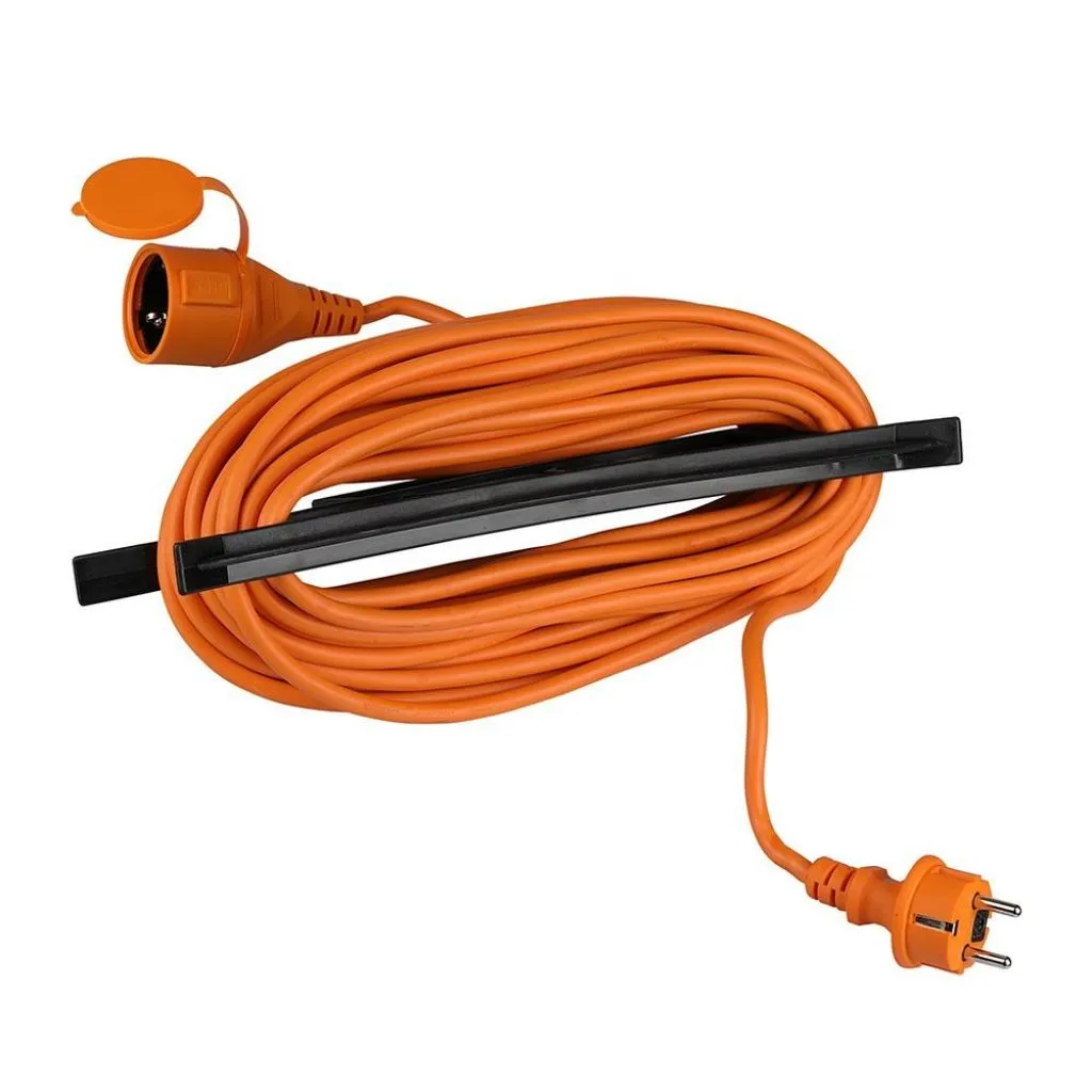Prolunga da Esterno Cavo 3G 1.5mm x 15m 16A, Spina e Presa Schuko con Telaio Porta Cavo Colore Arancio/Nero, vista del cavo avvolto