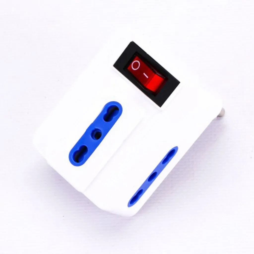 Adattatore Singolo con 3x Prese Bipasso/Schuko 10/16A, Spina 16A e Interruttore Colore Bianco, vista angolata dall'alto