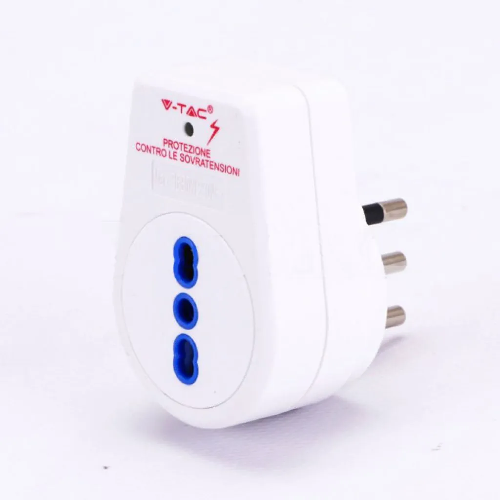 Adattatore Singolo con Presa Bipasso 10/16A, Spina Bipasso 16A, Protezione Sovratensioni Colore Bianco, vista angolata frontale