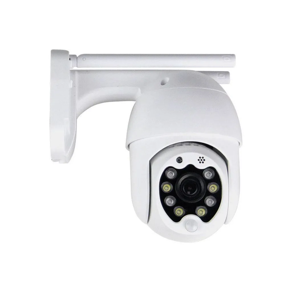 Camera di Videosorveglianza da Esterno 3MP IP WiFi Orientabile PTZ Visione Notturna e Sensori di Movimento con Microfono e Altoparlante Integrati Colore Bianco, vista frontale angolata