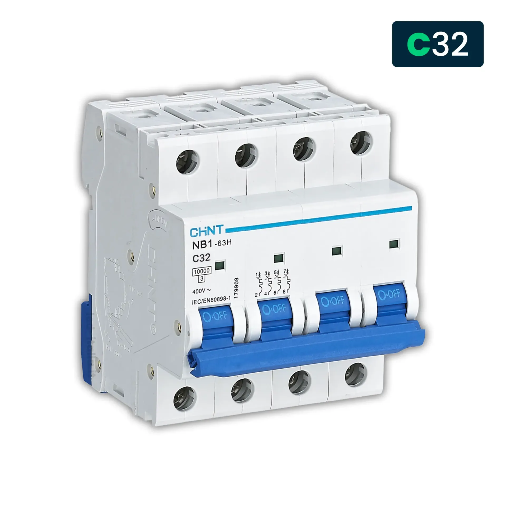 Interruttore magnetotermico CHINT NB1 curva C 4P, vista frontale angolata