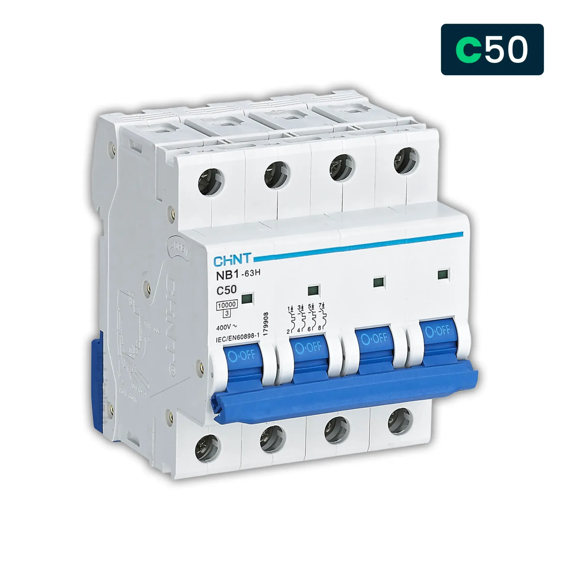 Interruttore magnetotermico CHINT NB1 curva C 4 poli 50A, vista angolata frontale