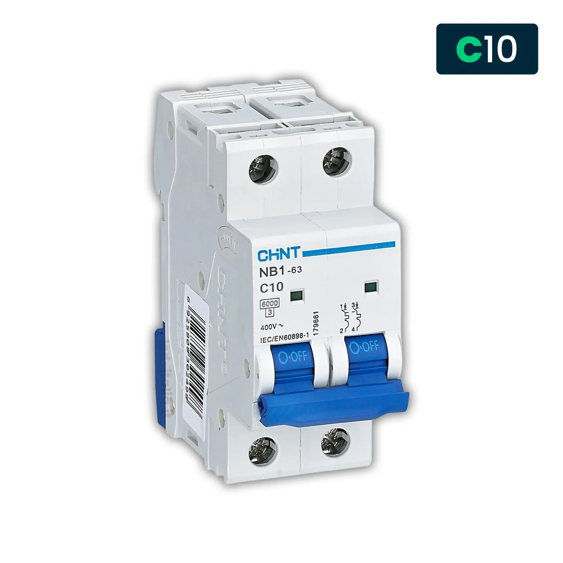 Interruttore magnetotermico CHINT NB1 curva C 2P per quadro DIN, vista frontale angolata