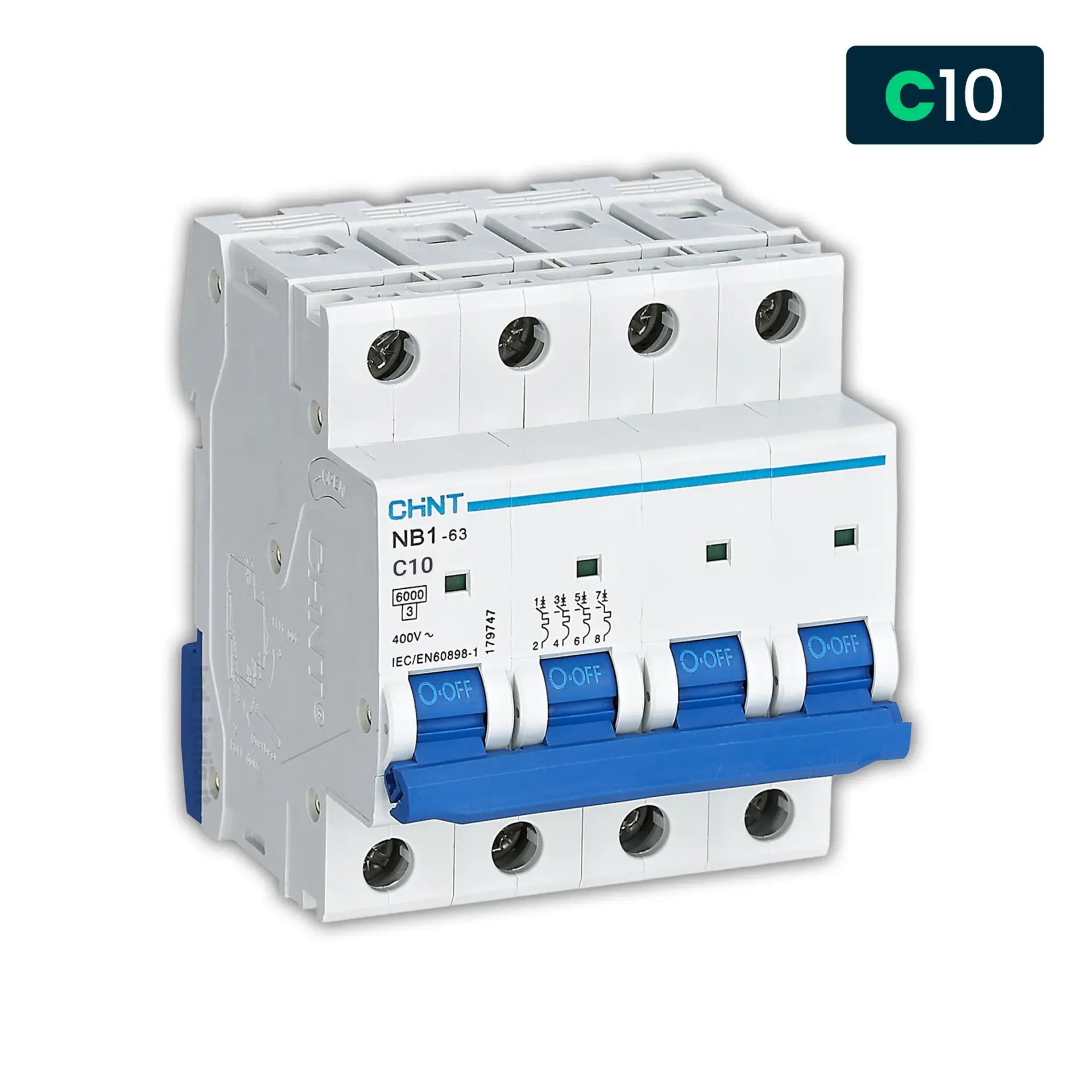 Interruttore magnetotermico CHINT NB1 curva C 4P 10A, vista frontale angolata
