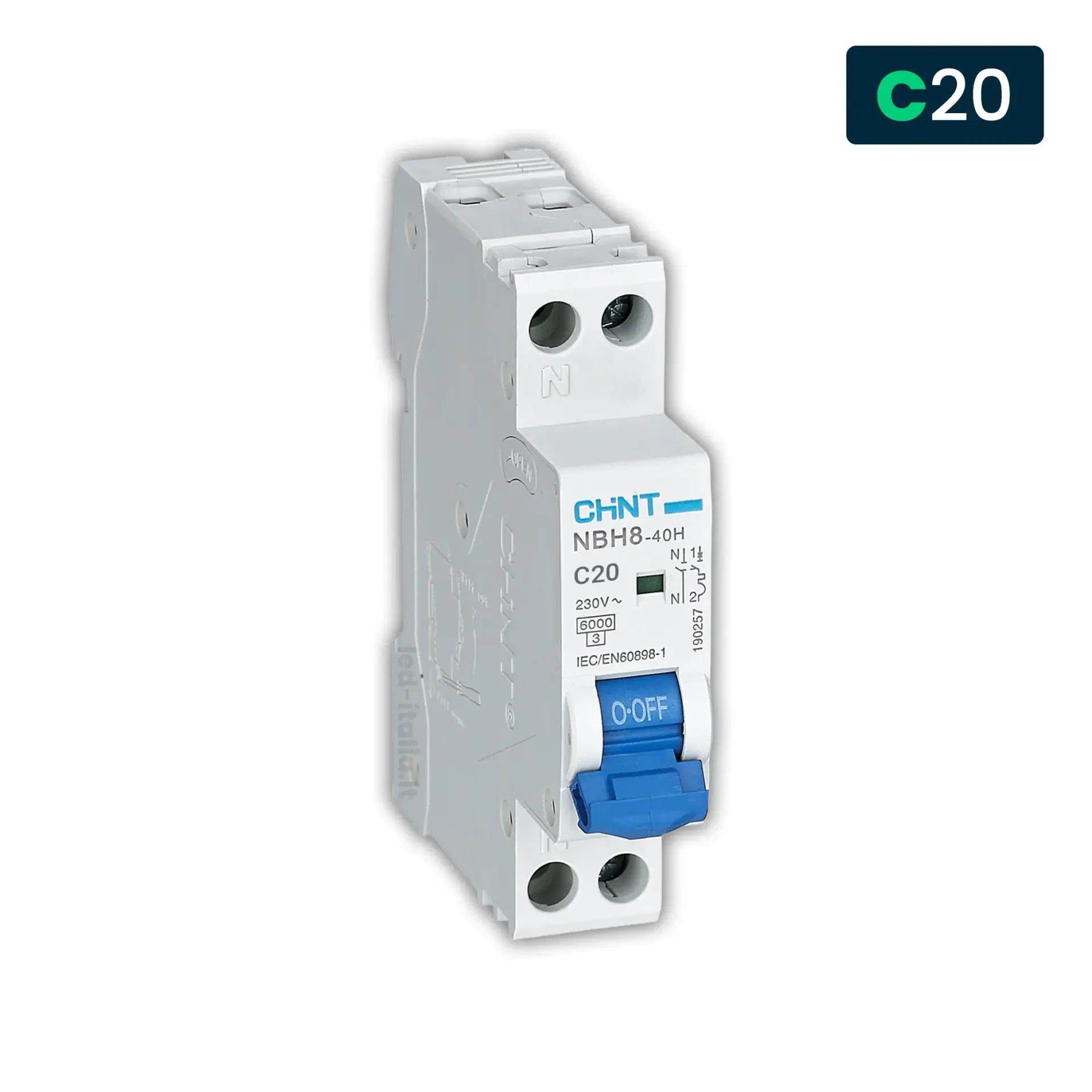 Interruttore magnetotermico CHINT curva C 1P+N per guida DIN, vista angolata frontale