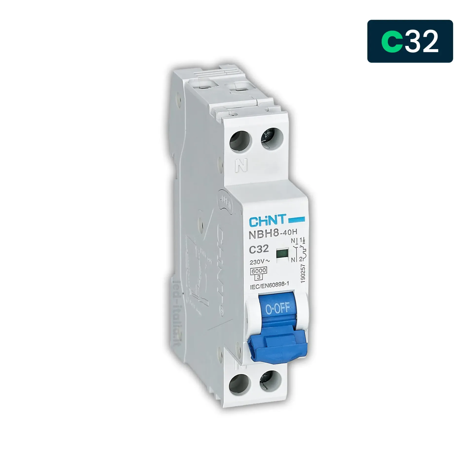 Interruttore magnetotermico CHINT curva C 1P+N 32A 6kA, vista angolata frontale