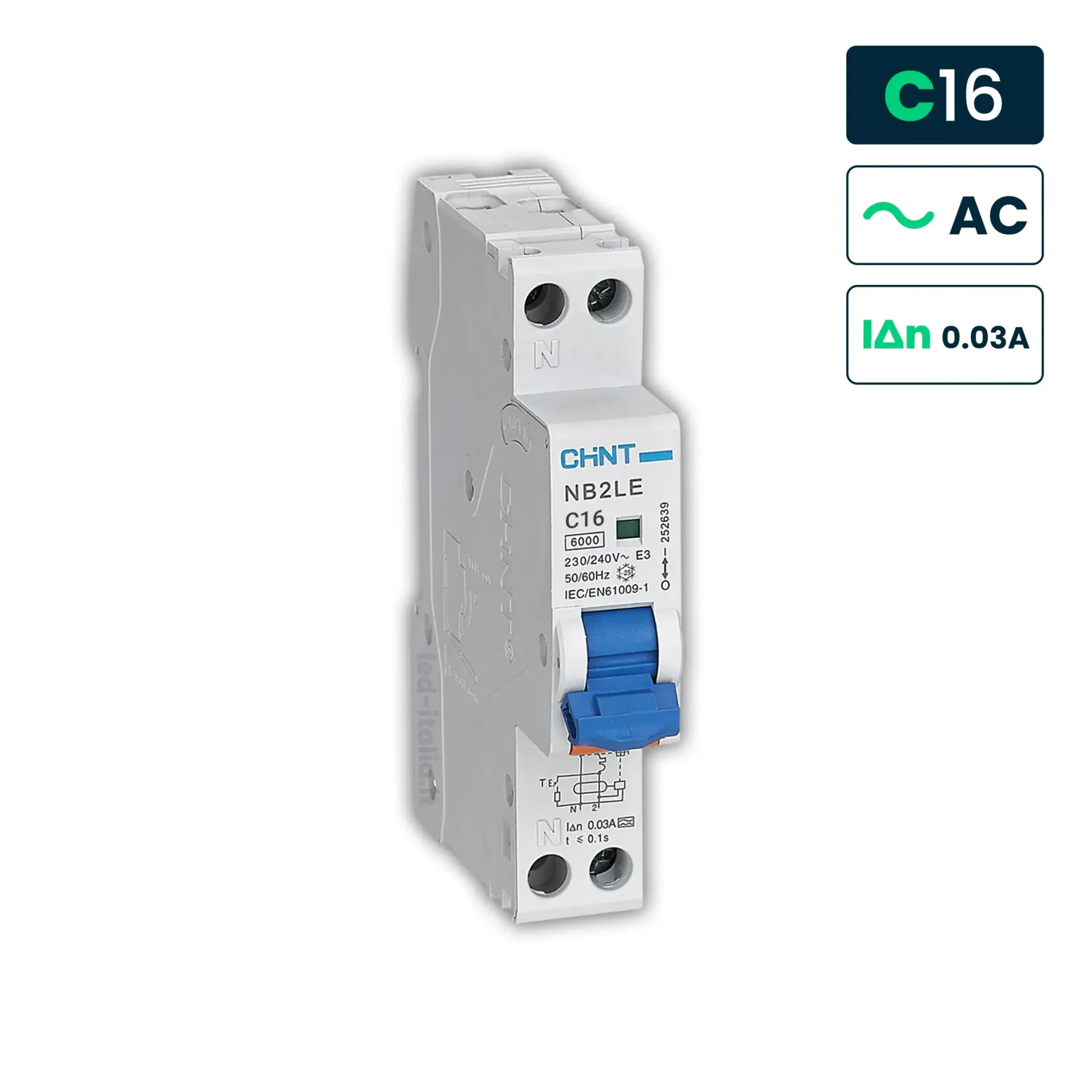 Interruttore magnetotermico differenziale CHINT NB2LE Tipo AC Curva C, vista angolata frontale
