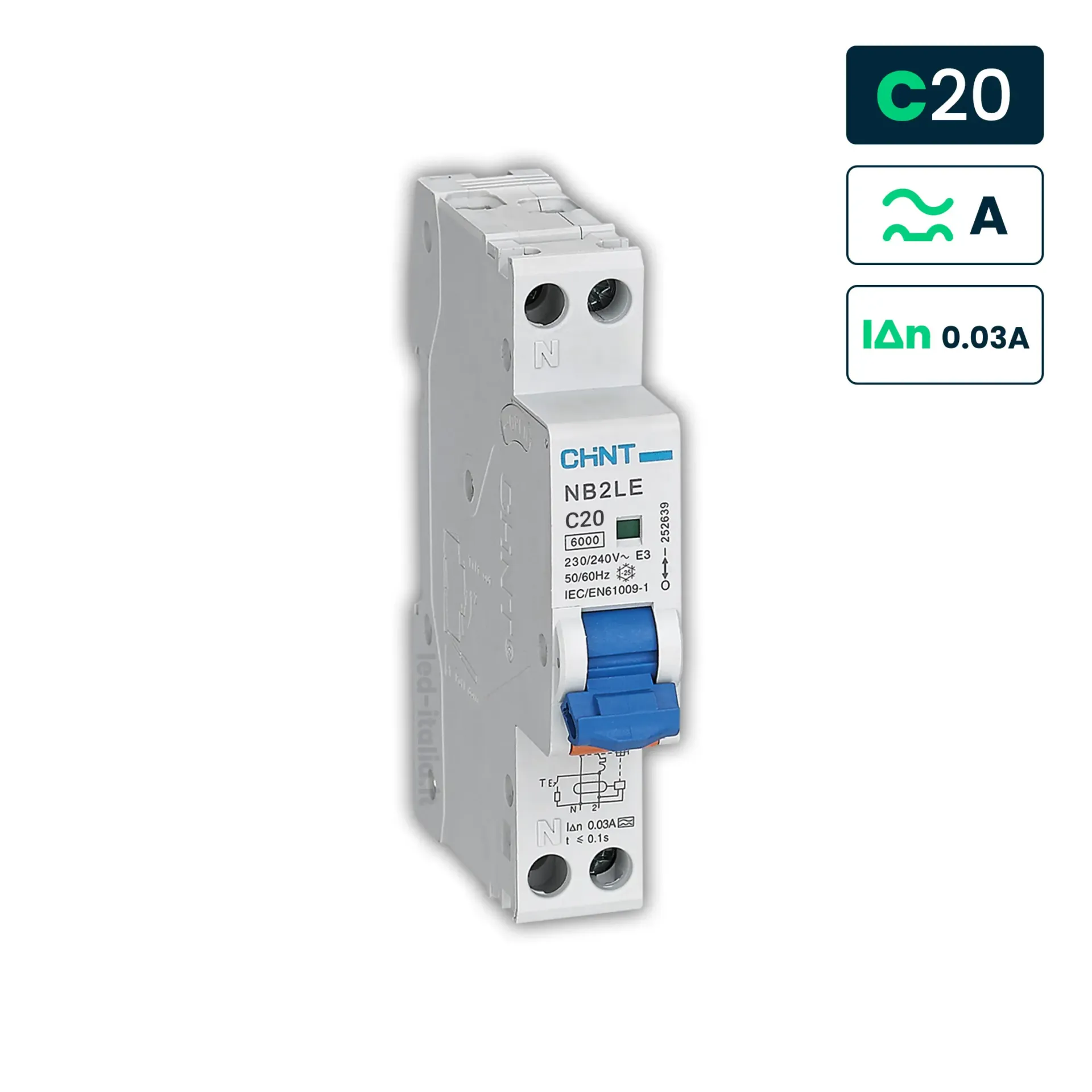 Interruttore magnetotermico differenziale CHINT NB2LE Tipo A Curva C, vista frontale angolata