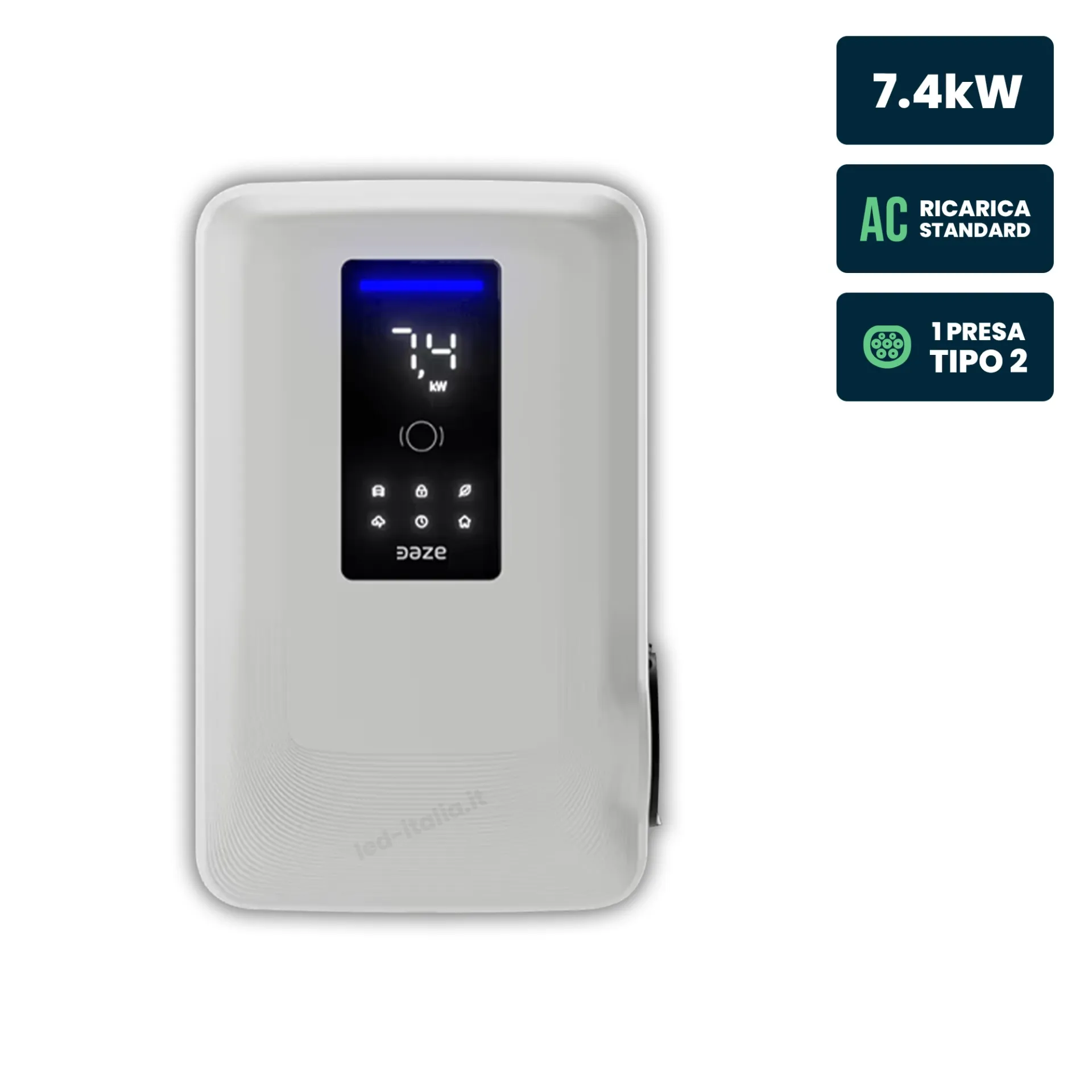 Stazione di Ricarica Dazebox Home S 7.4kW Monofase 32A, IK10, WiFi e Bluetooth, Wall Box Bianco con Schermo e Connettore Tipo 2, 3 Tessere RFID Incluse, vista frontale