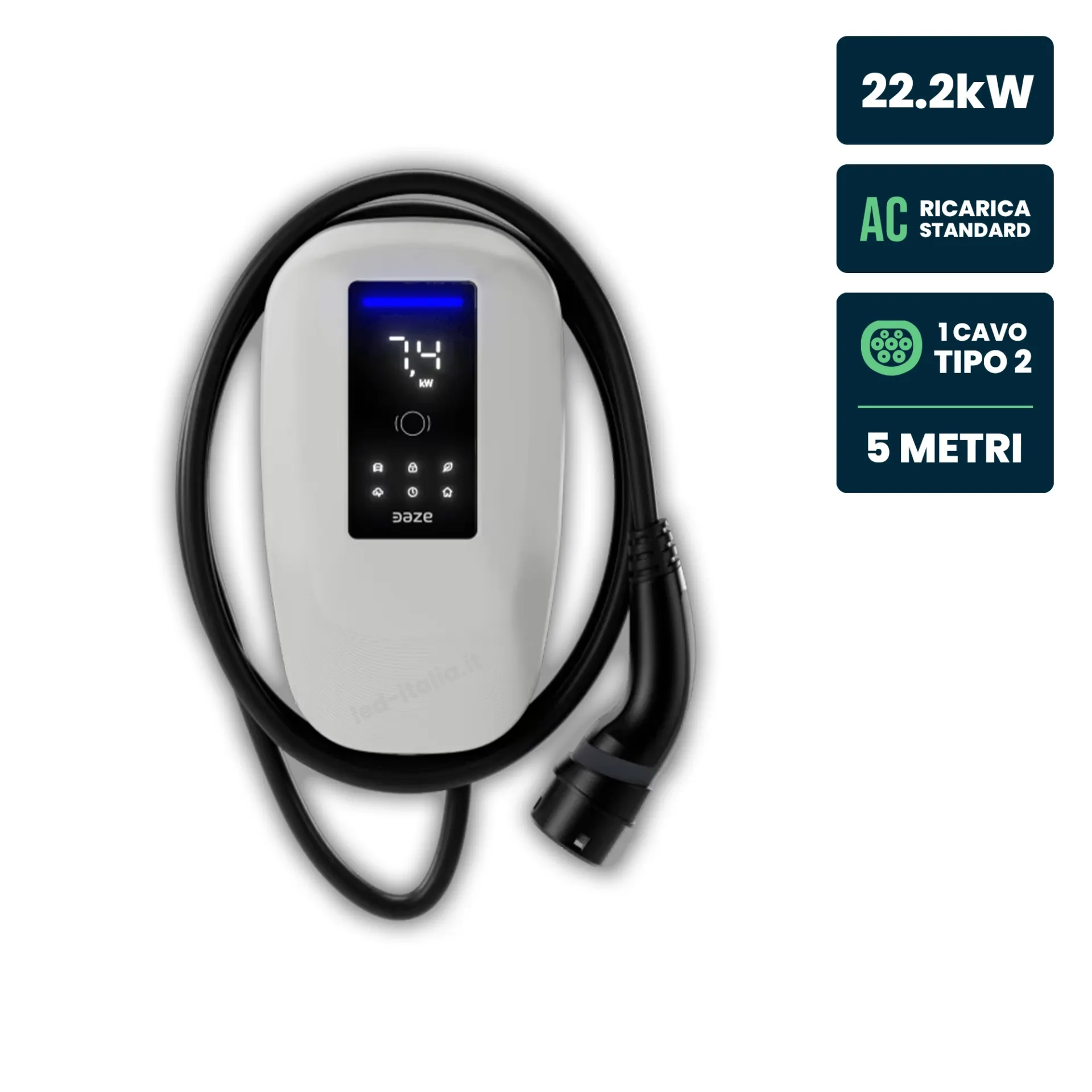 Stazione di Ricarica Dazebox Home T 22.2kW Trifase 32A, IK10, WiFi e Bluetooth, Wall Box Bianco con Schermo, 3 Tessere RFID Incluse, Cavo Tipo 2 Lunghezza 5m, vista frontale