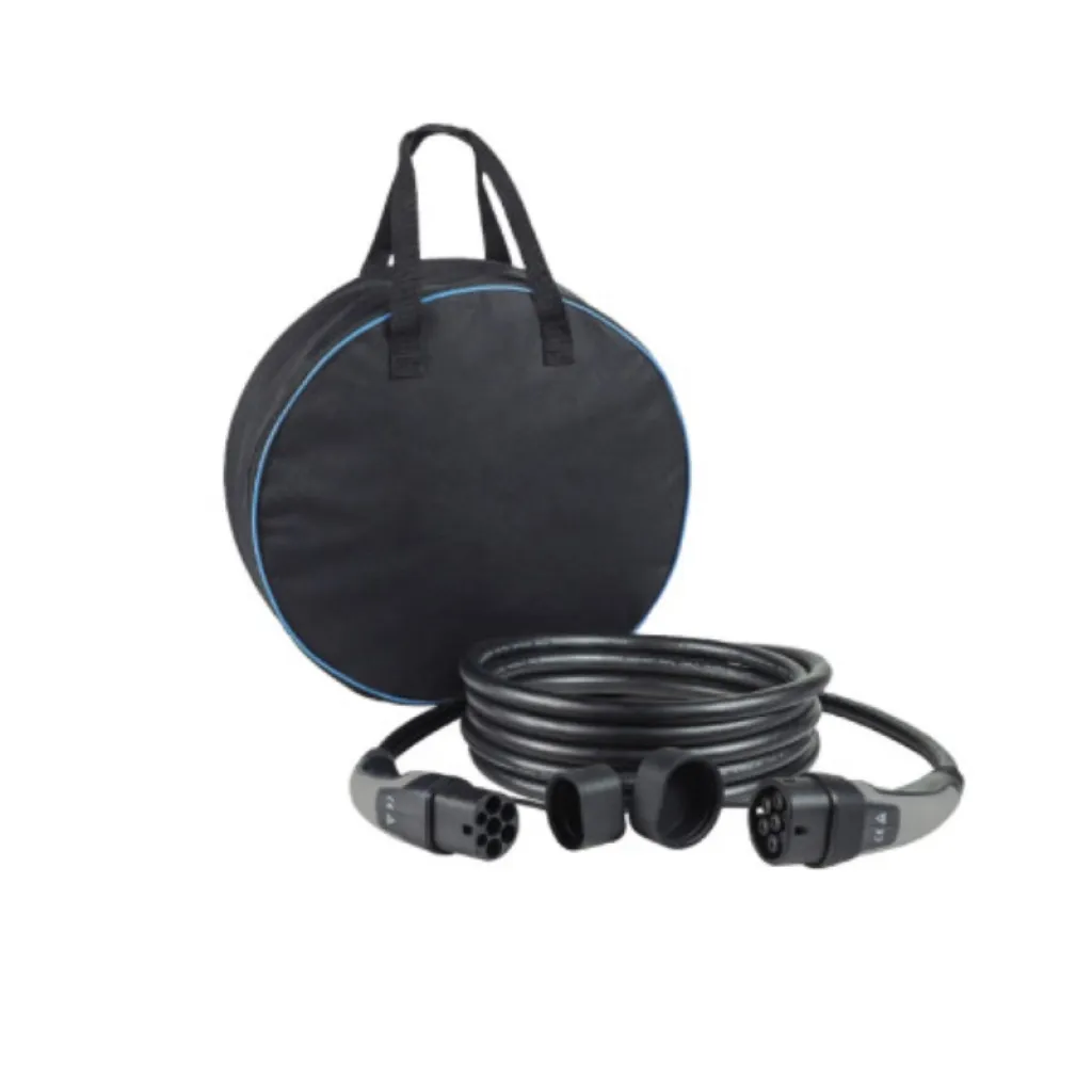 Cavo di Ricarica Monofase 32A 7.4kW Tipo 2/Tipo 2 compatibile con Wallbox Stazioni di Ricarica, Inclusa Sacca Porta Cavo, Lunghezza 5m, vista generale con sacca