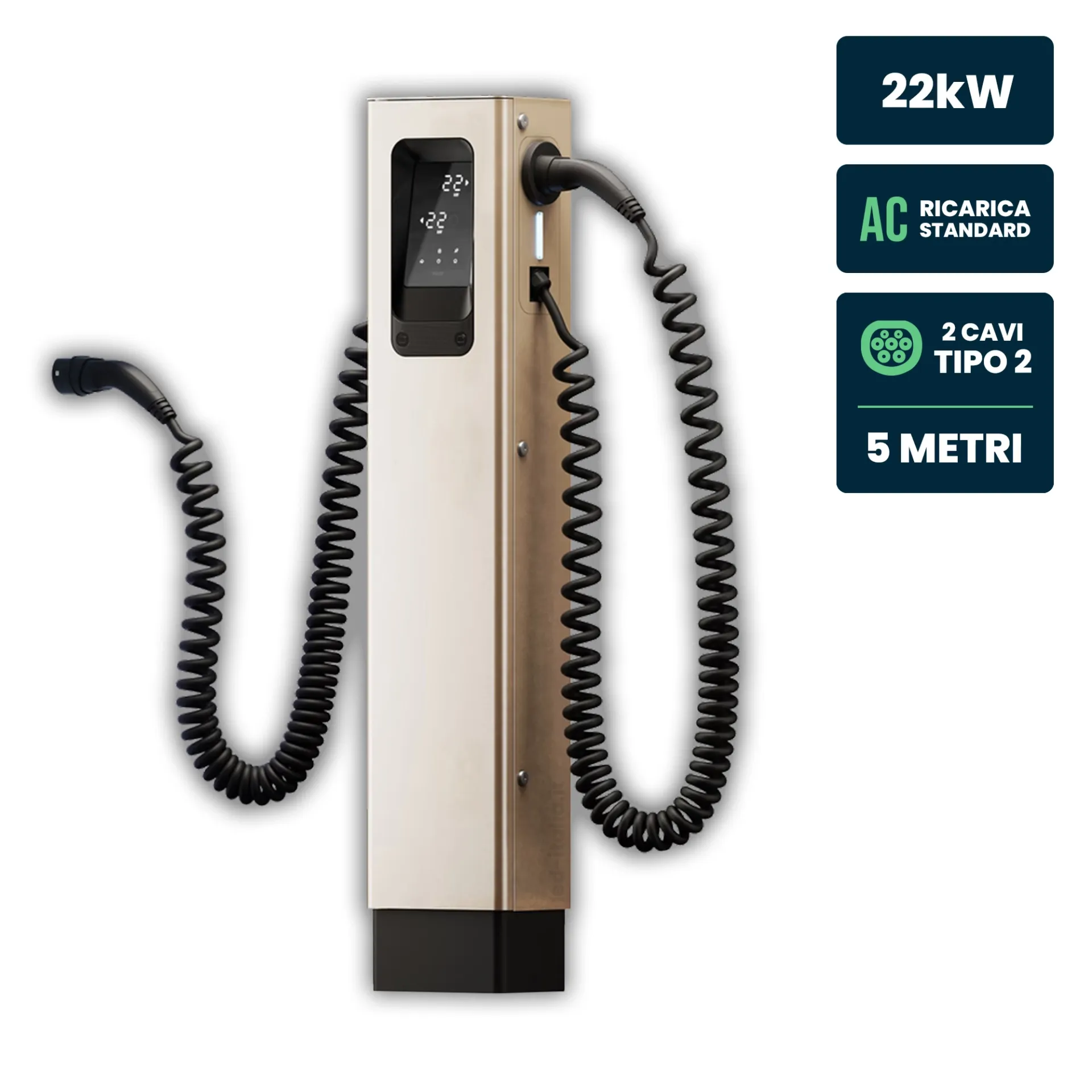 Colonnina di Ricarica Urban T 2x22kW Doppio Cavo 5m IK10 Display LCD e RFID, vista frontale angolata