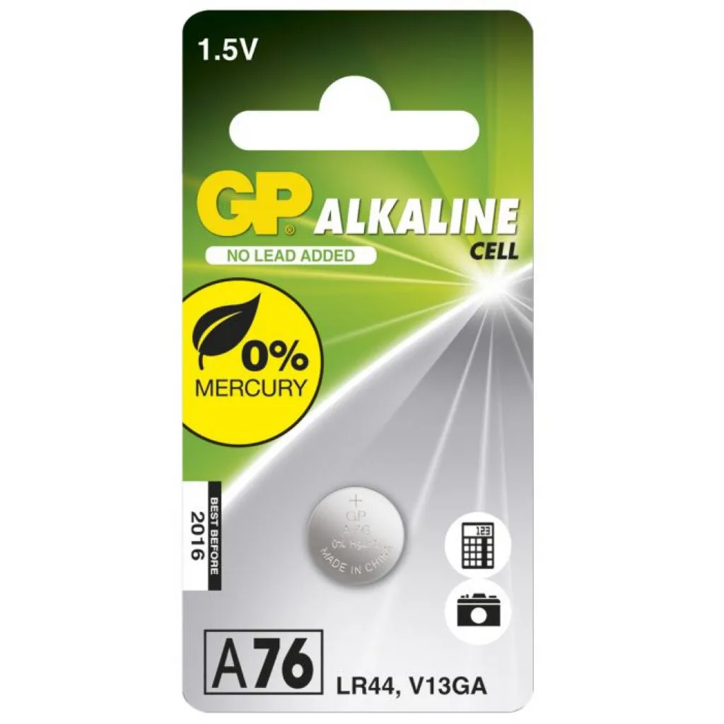 Batteria Super Alcalina a Bottone 1,5V A76 / LR44 / LR1154 / AG13 (Blister 1 Pezzo), vista frontale blister