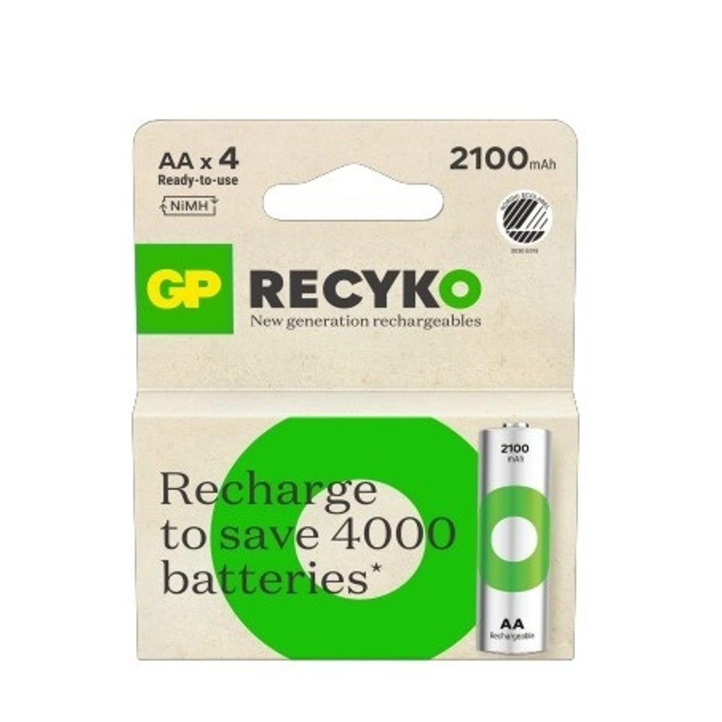 Recyko Batteria Ricaricabile 1.2V Stilo AA 2100mAh (Confezione 4 Pezzi), vista frontale della confezione