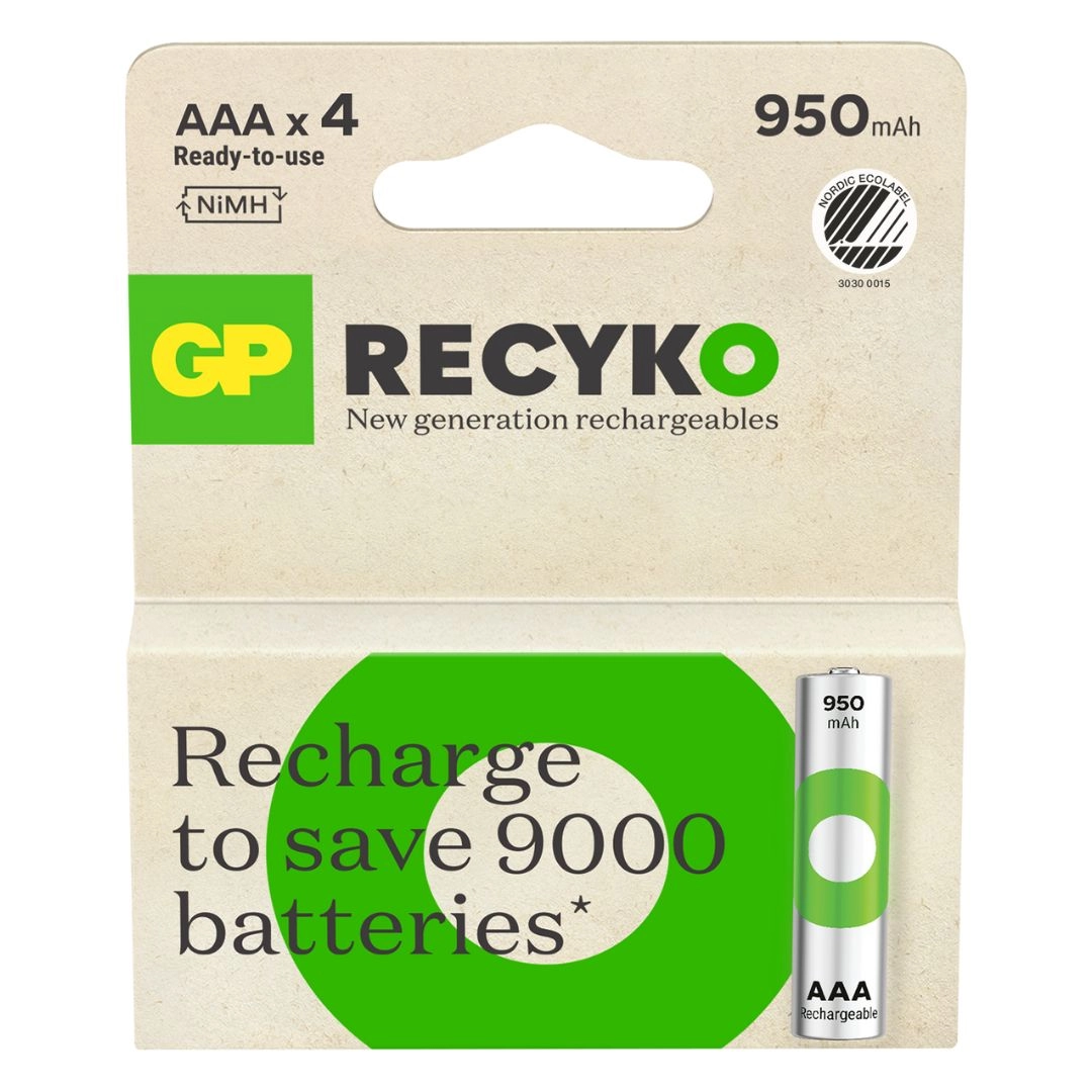 Recyko Batteria Ricaricabile 1.5V Mini Stilo AAA 950mAh (Confezione 4 Pezzi), vista frontale confezione