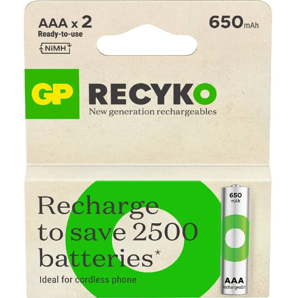 Batteria GP ReCyko AAA, 650 mAh, confezione da 2, vista frontale della confezione