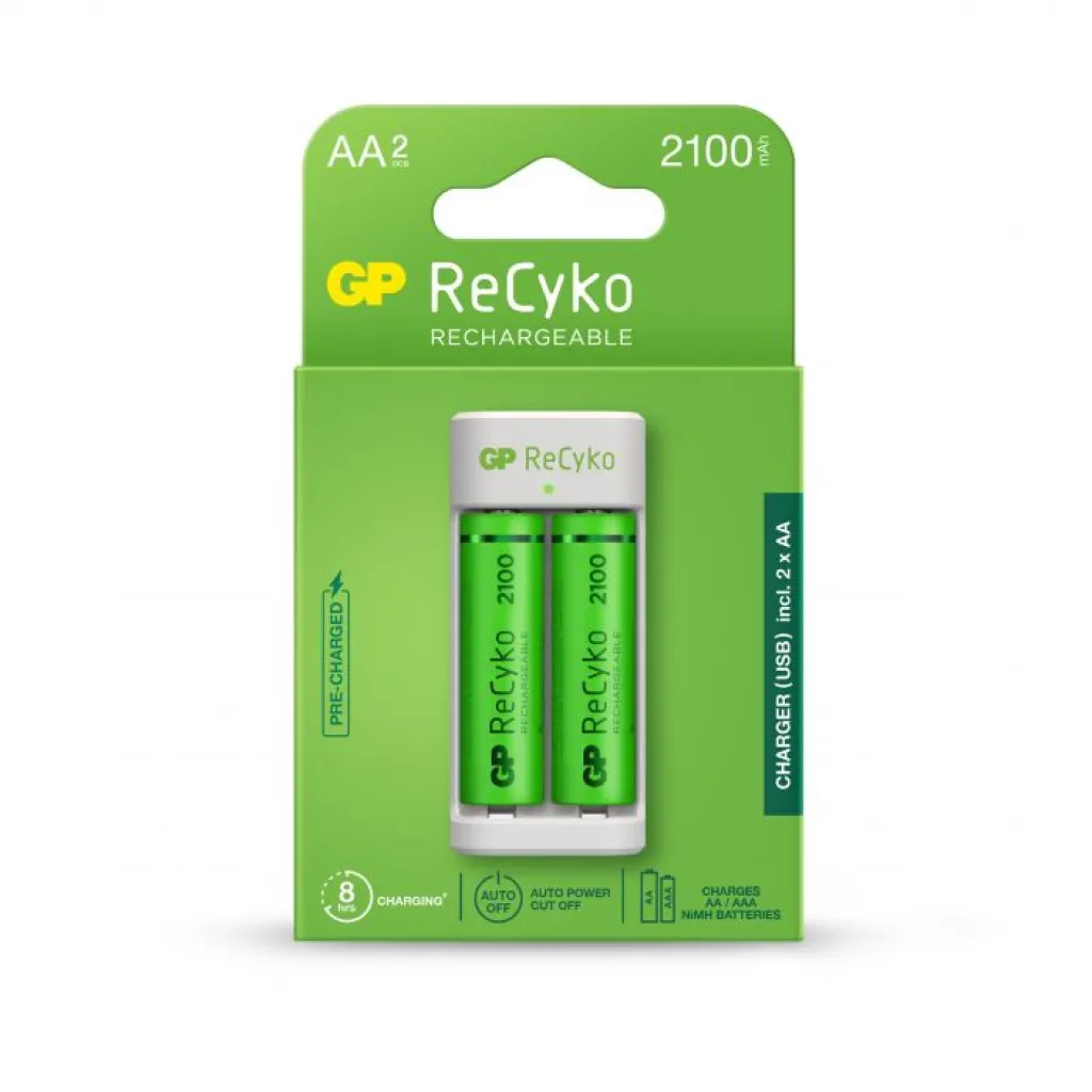 Caricabatterie USB Recyko E211 con 2 Batterie Ricaricabili 1,2V Stilo AA NiMH 2100mAh incluse, vista frontale dal packaging