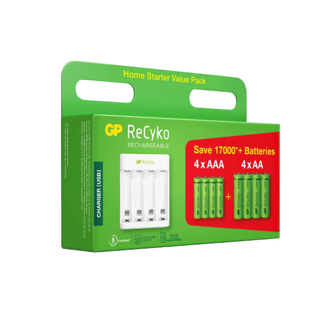 Caricabatterie USB Recyko E211 con 4 Batterie Ricaricabili 1,5V Stilo AA NiMH 2100mAh e 4 Batterie Ricaricabili 1,5V Mini Stilo AAA NiMH 800mAh incluse, vista angolata della confezione