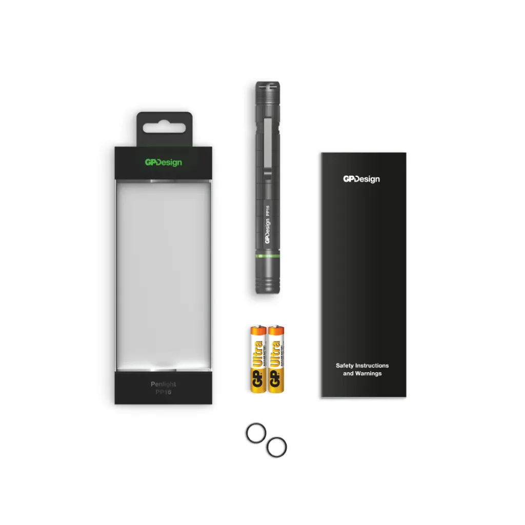 Torcia LED PP16 Penna Design Regolabile 140lm e 20lm con 2 Batterie Mini Stilo AAA, vista di tutti gli elementi