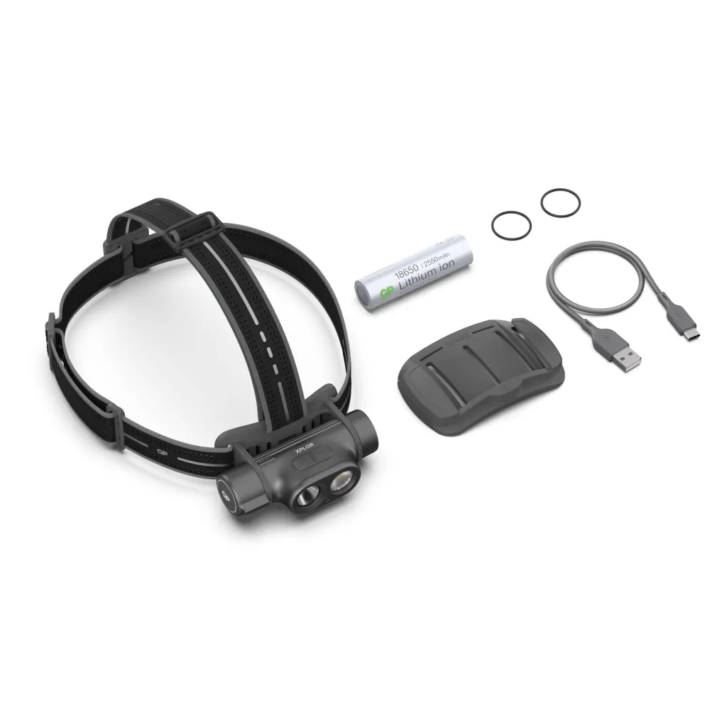 Torcia LED Frontale PHR19 1200LM Ricaricabile USB-C con 3 Batterie Mini Stilo AAA, vista di tutti i componenti