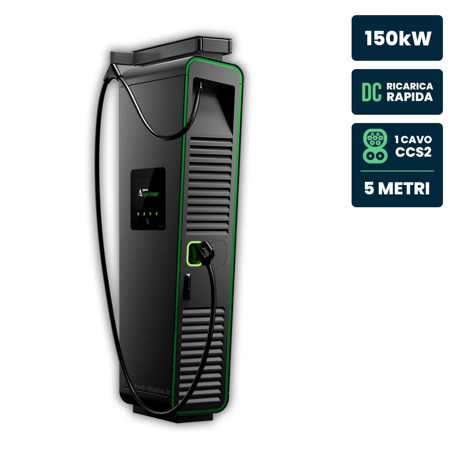 Hypercharger DC 150kW Cavo 5m IK10 Display Colori 15.6 pollici e RFID, vista angolata frontale