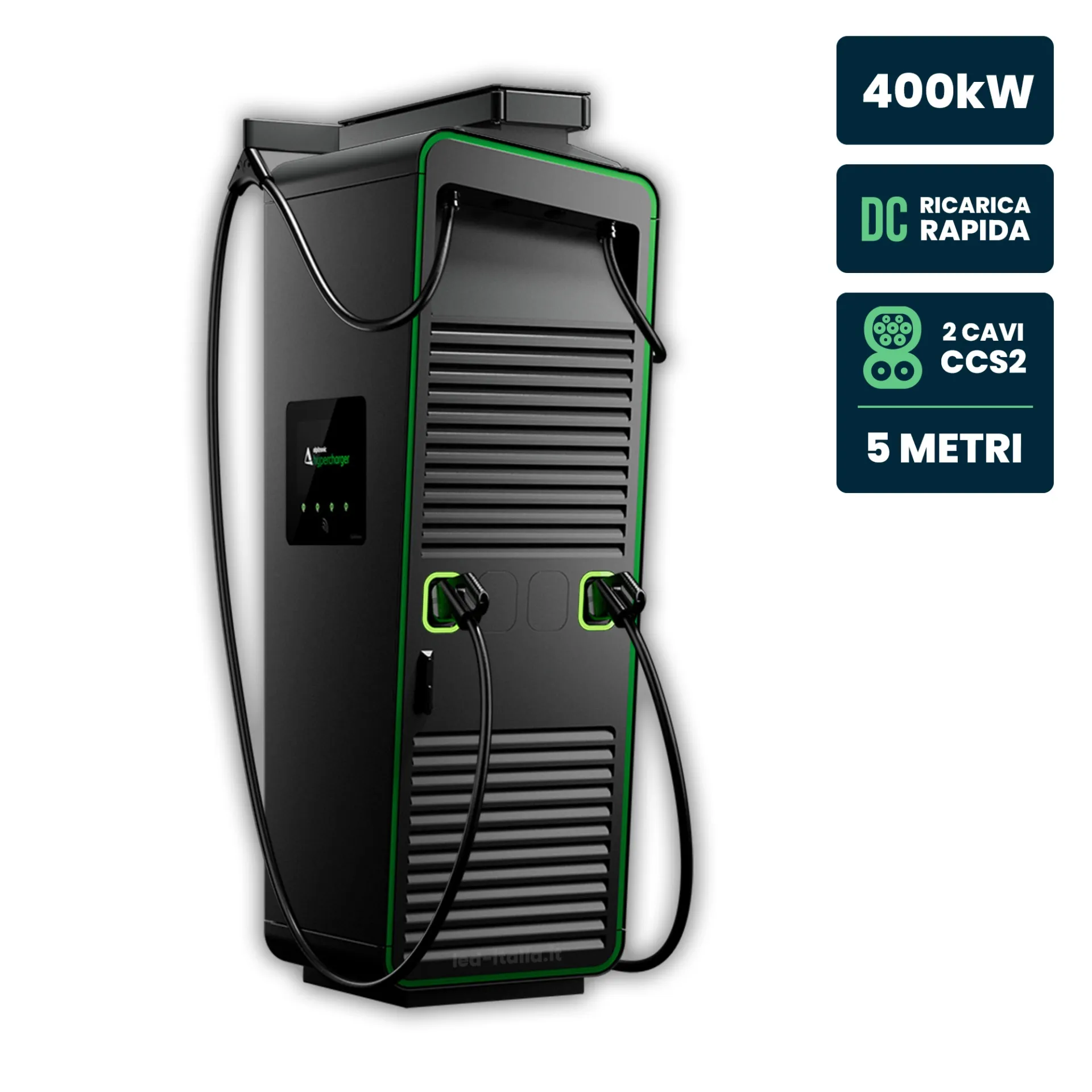 Hypercharger DC 2X200kW Doppio Cavo 5m IK10 Display Colori 15.6 pollici e RFID, vista angolata frontale