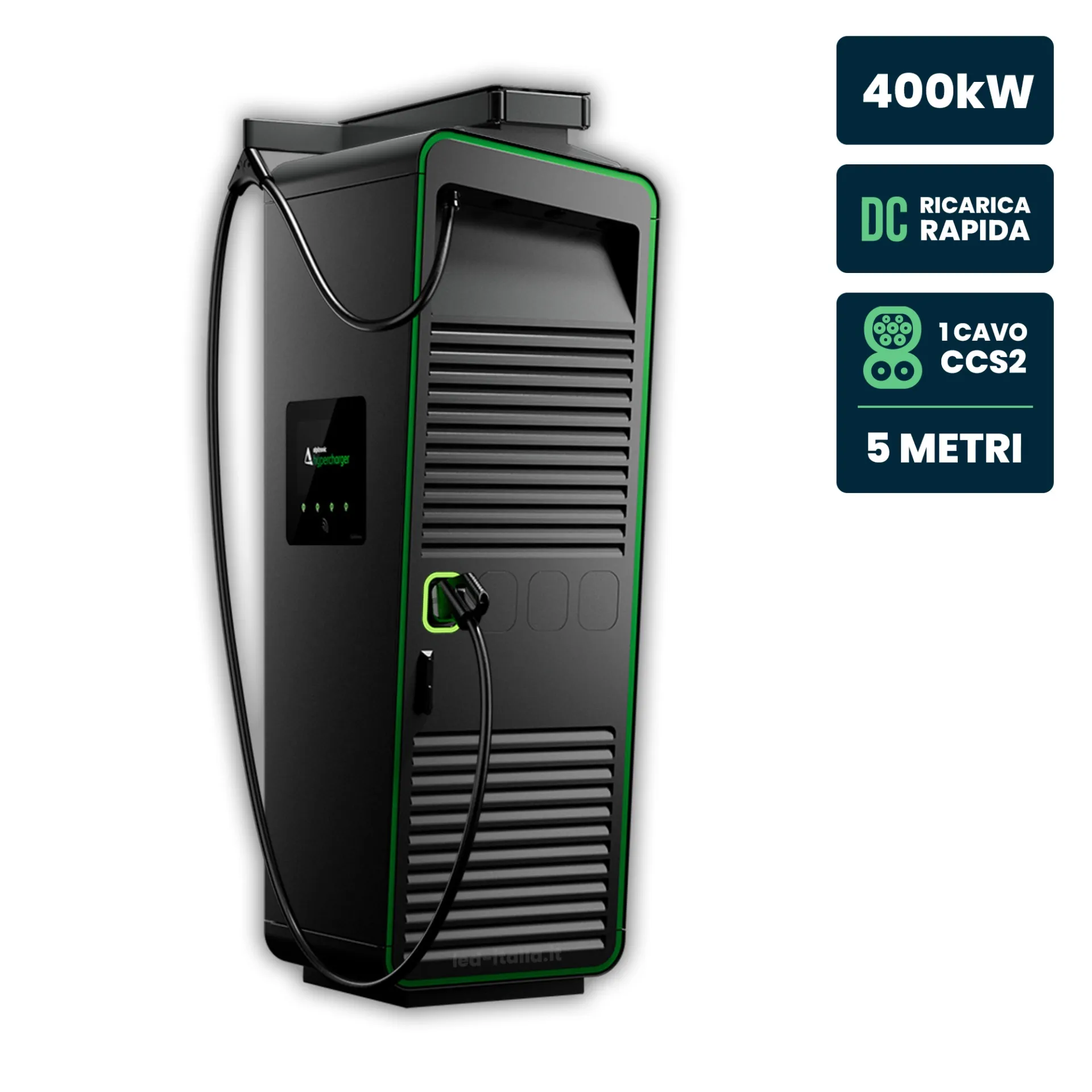 Hypercharger DC 400kW Cavo 5m IK10 Display Colori 15.6 pollici e RFID, vista frontale angolata