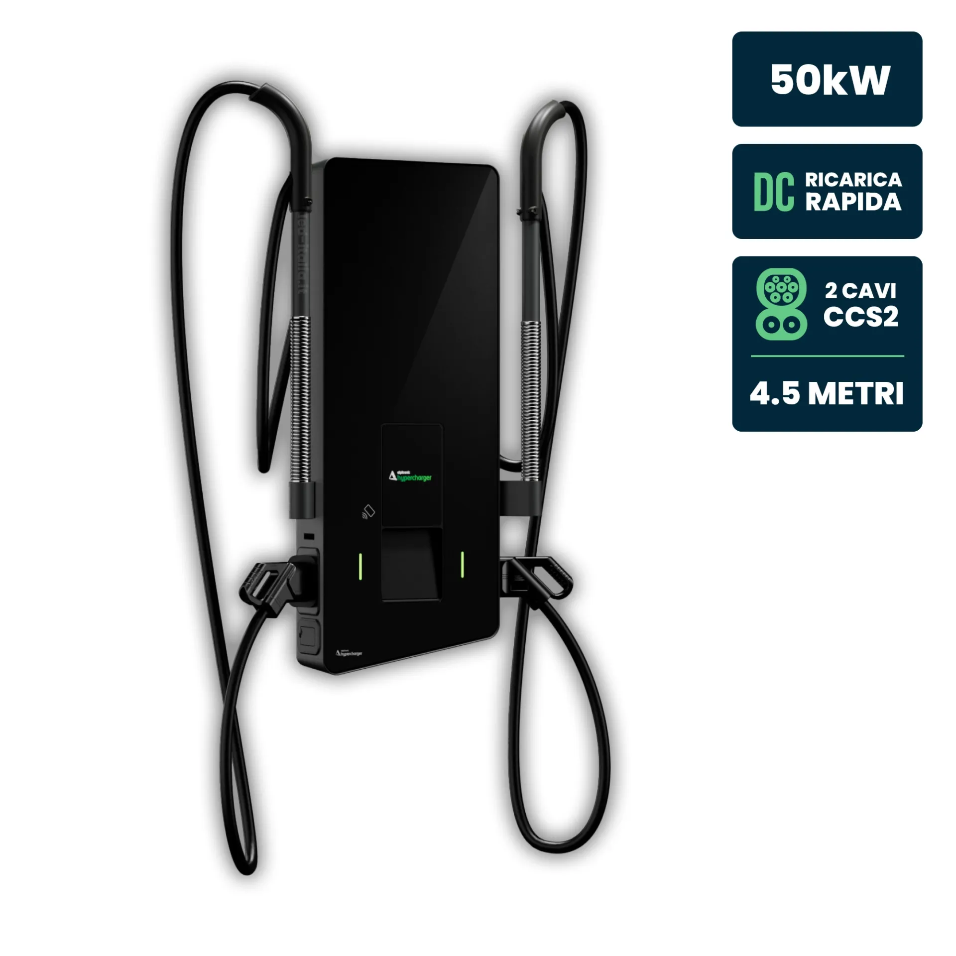 Hypercharger DC 2x25kW Doppio Cavo 4.5m IK10 Display Colori 10 pollici e RFID, vista frontale angolata