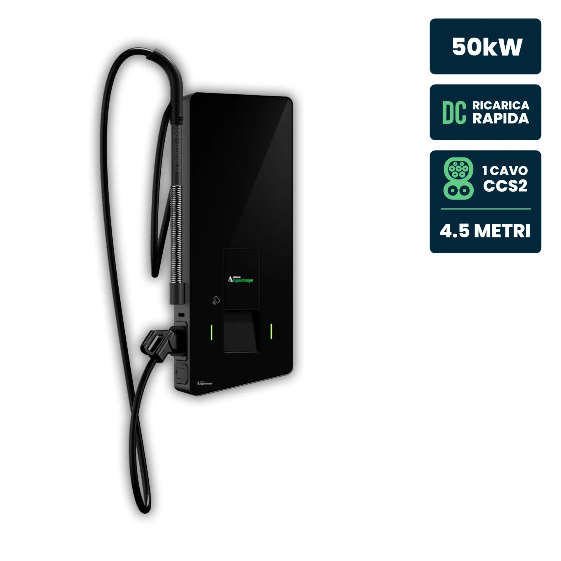 Hypercharger DC 50kW Cavo 4.5m IK10 Display Colori 10 pollici e RFID, vista angolata frontale