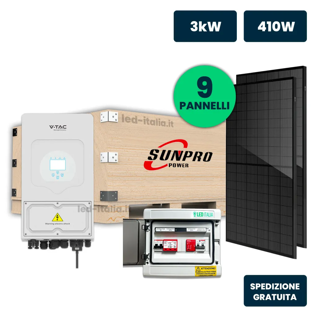 KIT Fotovoltaico Monofase 3kW con Inverter Ibrido, 9 Moduli 440W (3.87kW) Full Black, Quadro Combinato 1-1 AC-DC 3kW senza Accumulo, vista generale componenti
