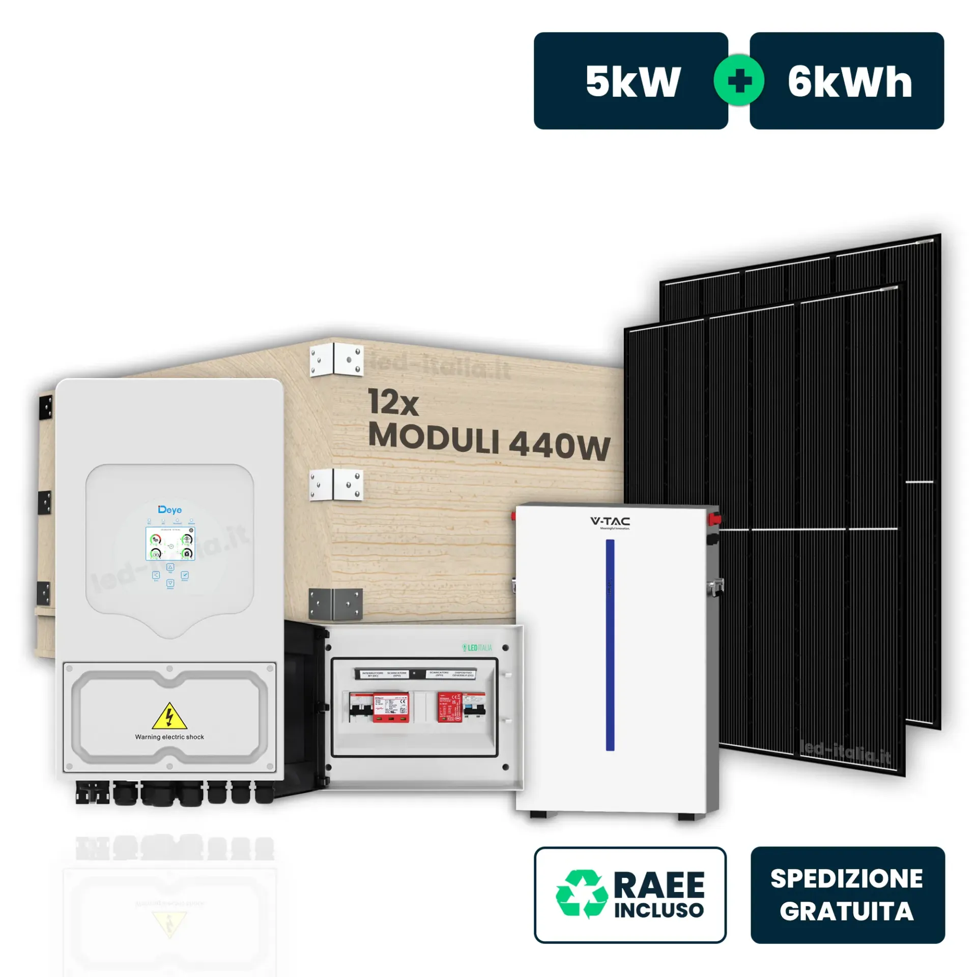KIT Fotovoltaico Monofase 5kW con Inverter Ibrido, 12 Moduli 440W (5.16kW) Full Black con Accumulo LFP 6kWh e Quadro Combinato 1-1 AC-DC 5kW, vista generale componenti