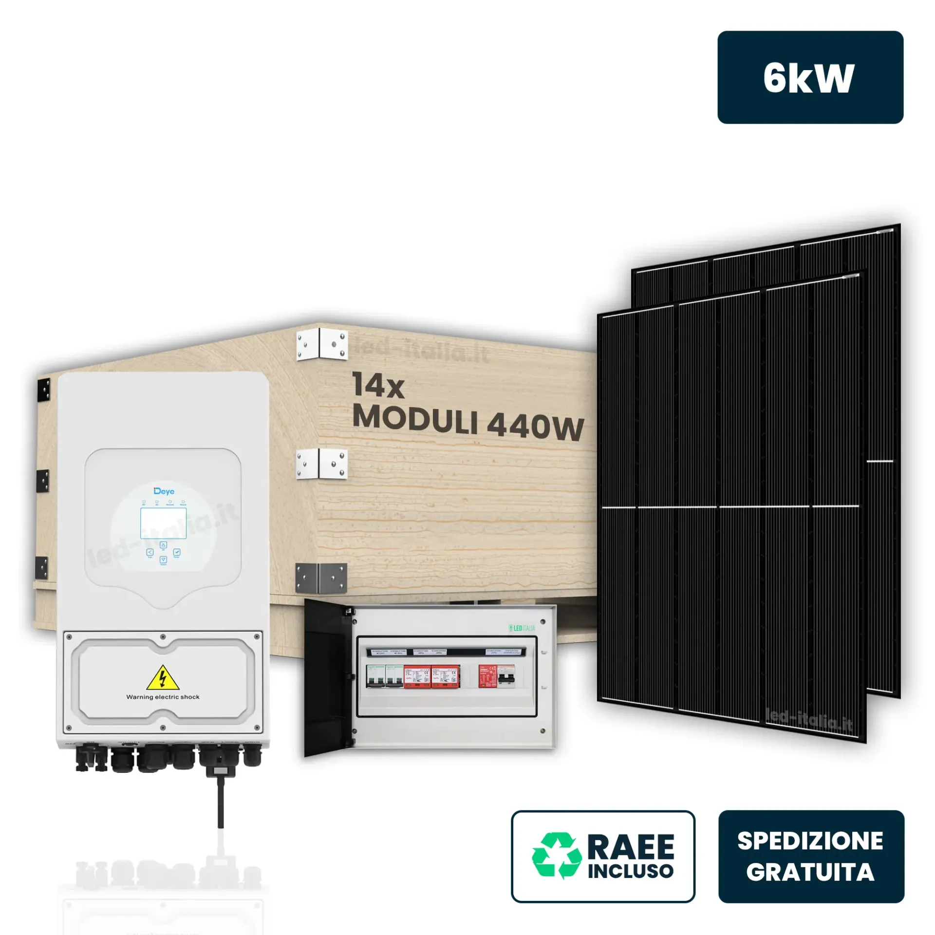 KIT Fotovoltaico Monofase 6kW con Inverter Ibrido, 15 Moduli 440W (6.45kW) Full Black, Quadro Combinato 2-2 AC-DC 6kW senza Accumulo, vista generale dei componenti