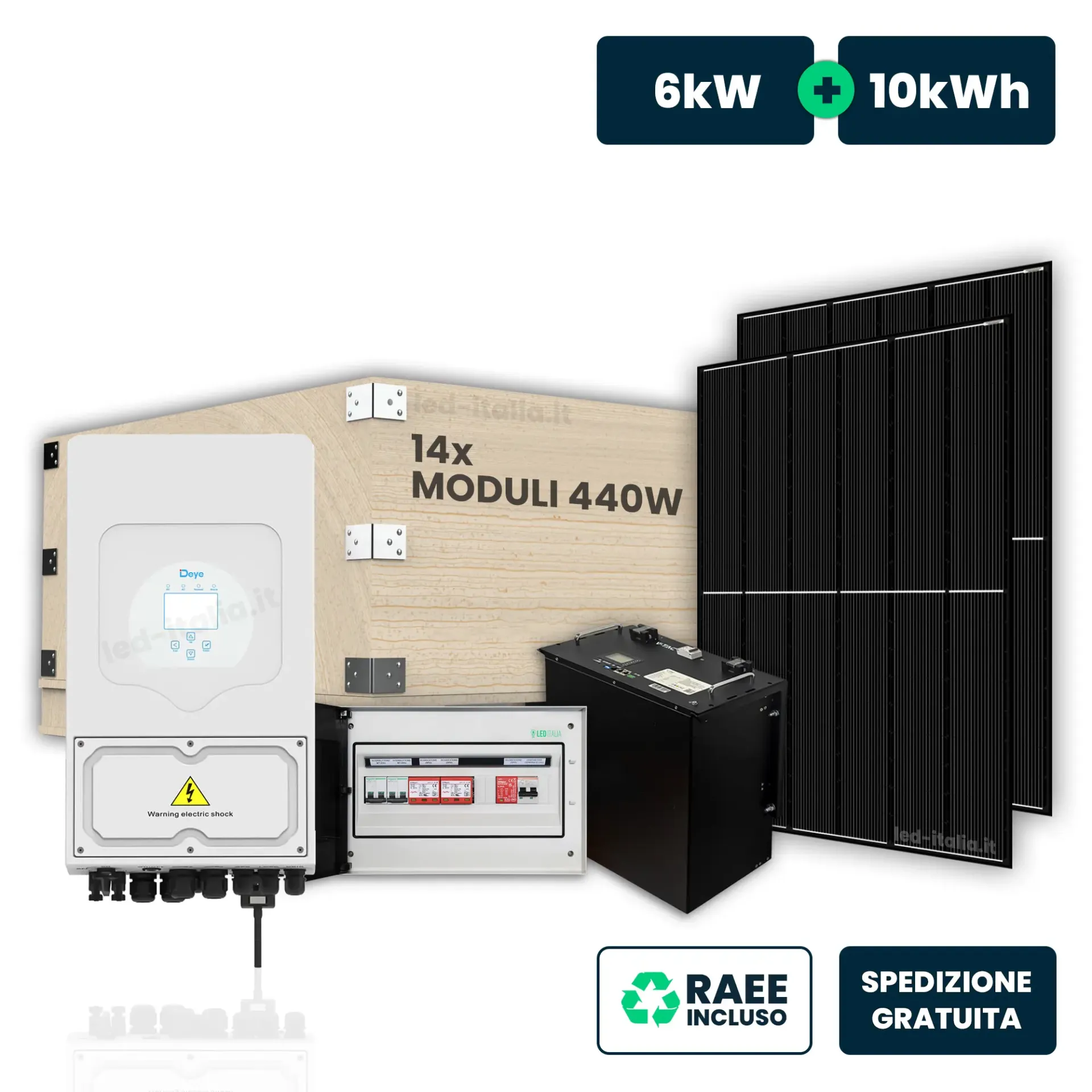 KIT Fotovoltaico Monofase 6kW con Inverter Ibrido, 15 Moduli 440W (6.45kW) Full Black con Accumulo LFP 10kWh e Quadro Combinato 2-2 AC-DC 6kW, vista generale componenti